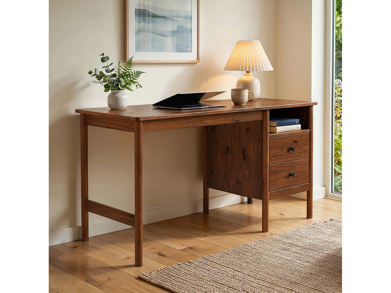 Bureau BOSSA L 150 cm en Bois Massif Coloris Châtaignier avec 2 Tiroirs et 1 Niche Ouverte, Bureau Droit avec Grand Plateau