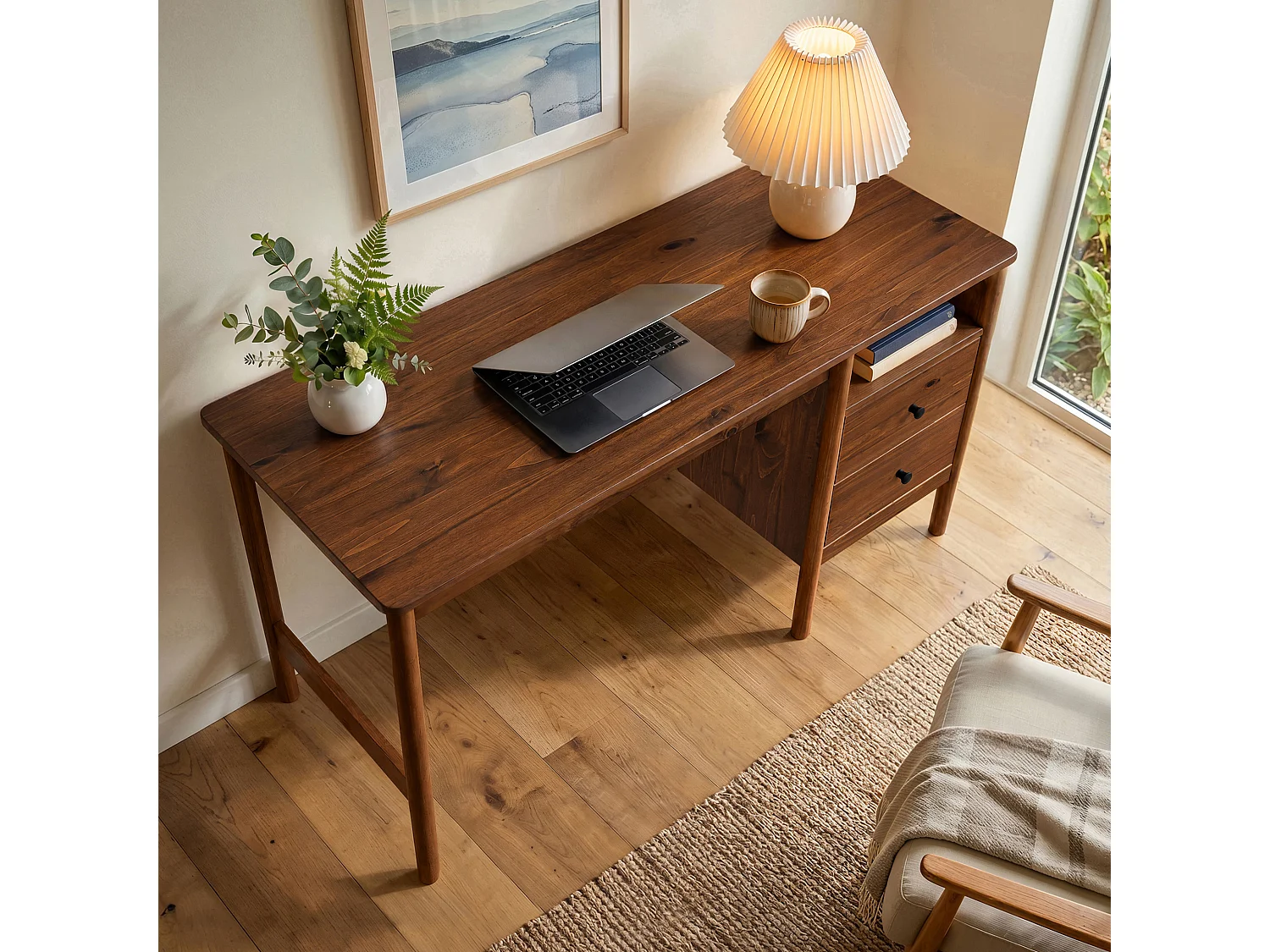 Bureau BOSSA L 150 cm en Bois Massif Coloris Châtaignier avec 2 Tiroirs et 1 Niche Ouverte, Bureau Droit avec Grand Plateau