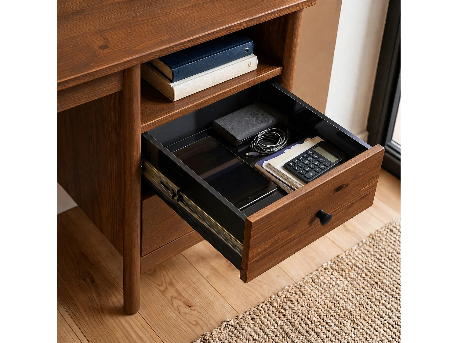 Bureau BOSSA L 150 cm en Bois Massif Coloris Châtaignier avec 2 Tiroirs et 1 Niche Ouverte, Bureau Droit avec Grand Plateau