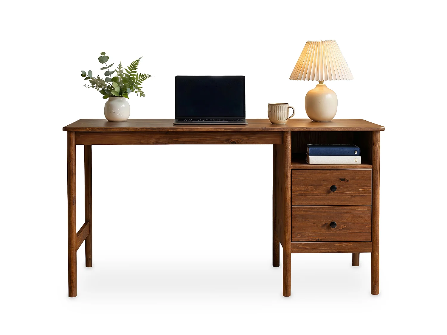 Bureau BOSSA L 150 cm en Bois Massif Coloris Châtaignier avec 2 Tiroirs et 1 Niche Ouverte, Bureau Droit avec Grand Plateau