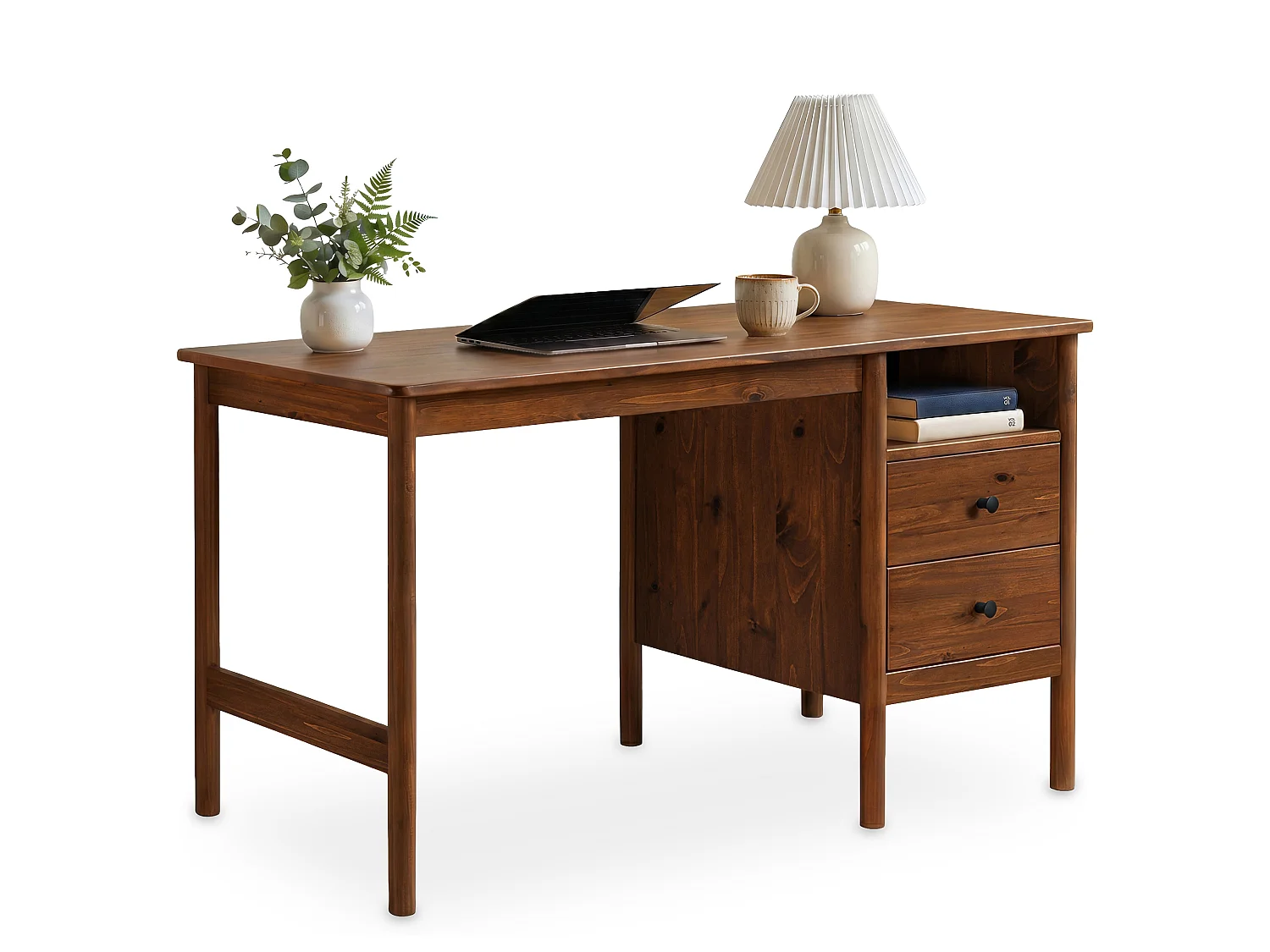 Bureau BOSSA L 150 cm en Bois Massif Coloris Châtaignier avec 2 Tiroirs et 1 Niche Ouverte, Bureau Droit avec Grand Plateau