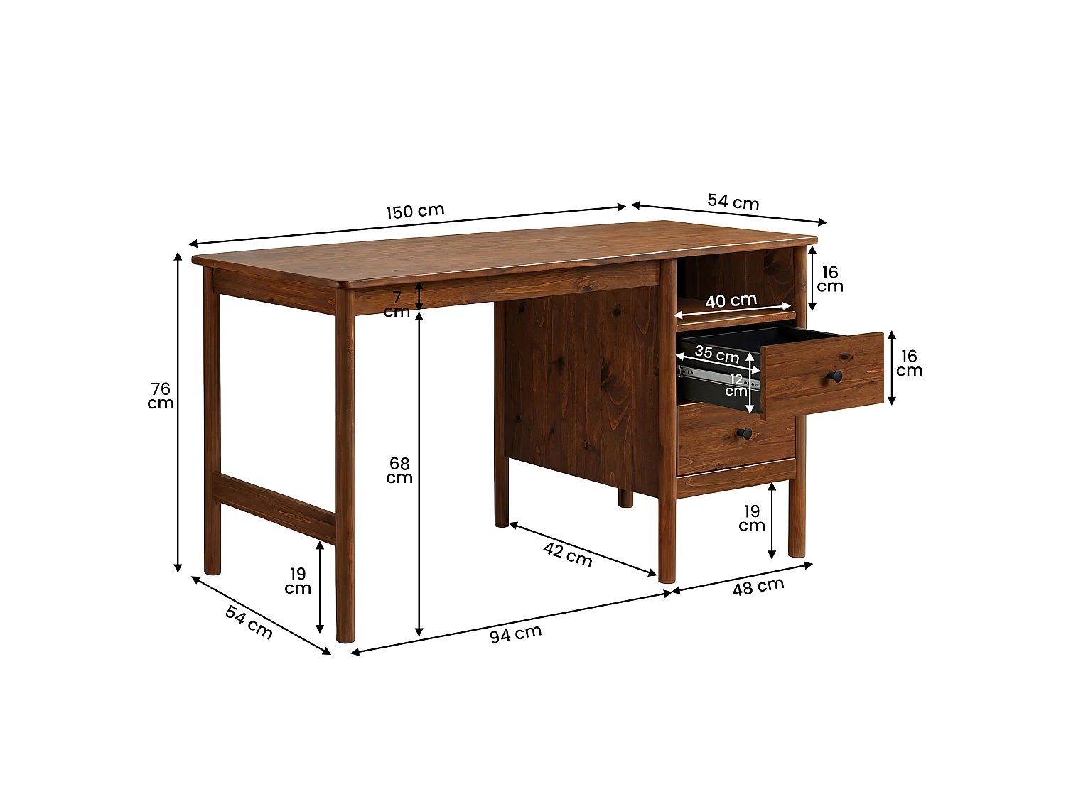 Bureau BOSSA L 150 cm en Bois Massif Coloris Châtaignier avec 2 Tiroirs et 1 Niche Ouverte, Bureau Droit avec Grand Plateau