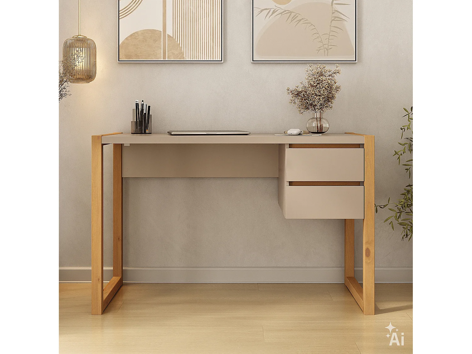Bureau en Bois Belinda L 119 cm 2 Tiroirs Coloris Blanc Cachemire et Chêne Bureau Droit Compact avec Rangement