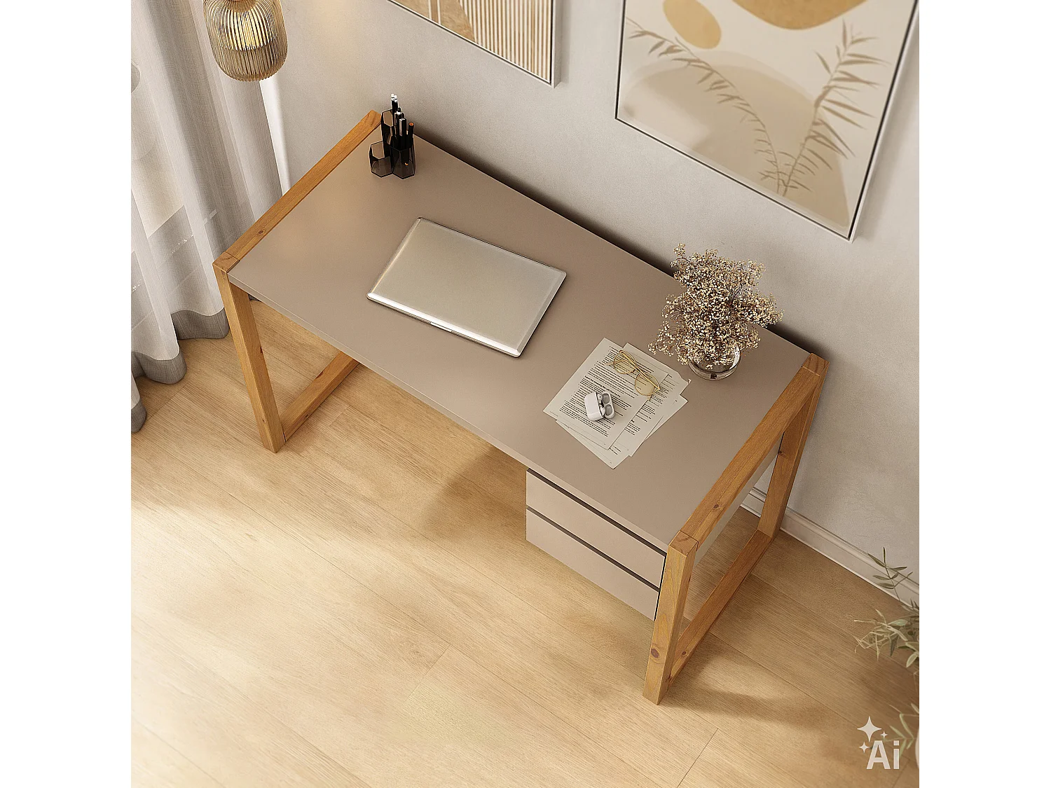 Bureau en Bois Belinda L 119 cm 2 Tiroirs Coloris Blanc Cachemire et Chêne Bureau Droit Compact avec Rangement