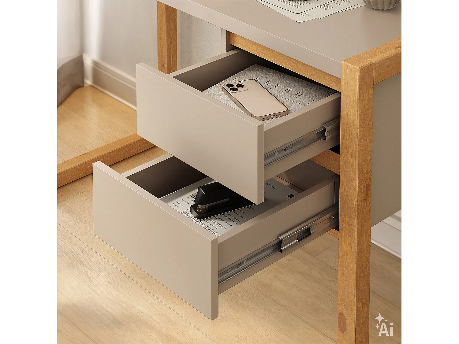Bureau en Bois Belinda L 119 cm 2 Tiroirs Coloris Blanc Cachemire et Chêne Bureau Droit Compact avec Rangement