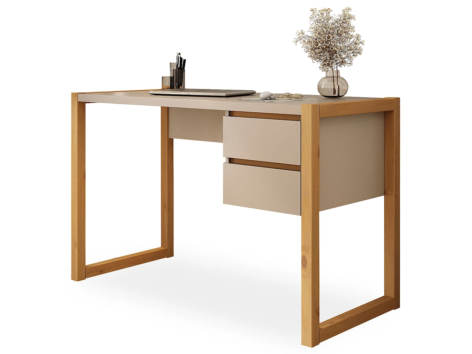 Bureau en Bois Belinda L 119 cm 2 Tiroirs Coloris Blanc Cachemire et Chêne Bureau Droit Compact avec Rangement