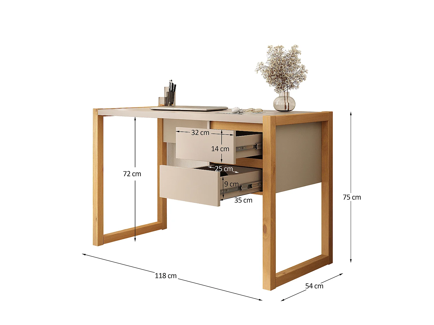 Bureau en Bois Belinda L 119 cm 2 Tiroirs Coloris Blanc Cachemire et Chêne Bureau Droit Compact avec Rangement