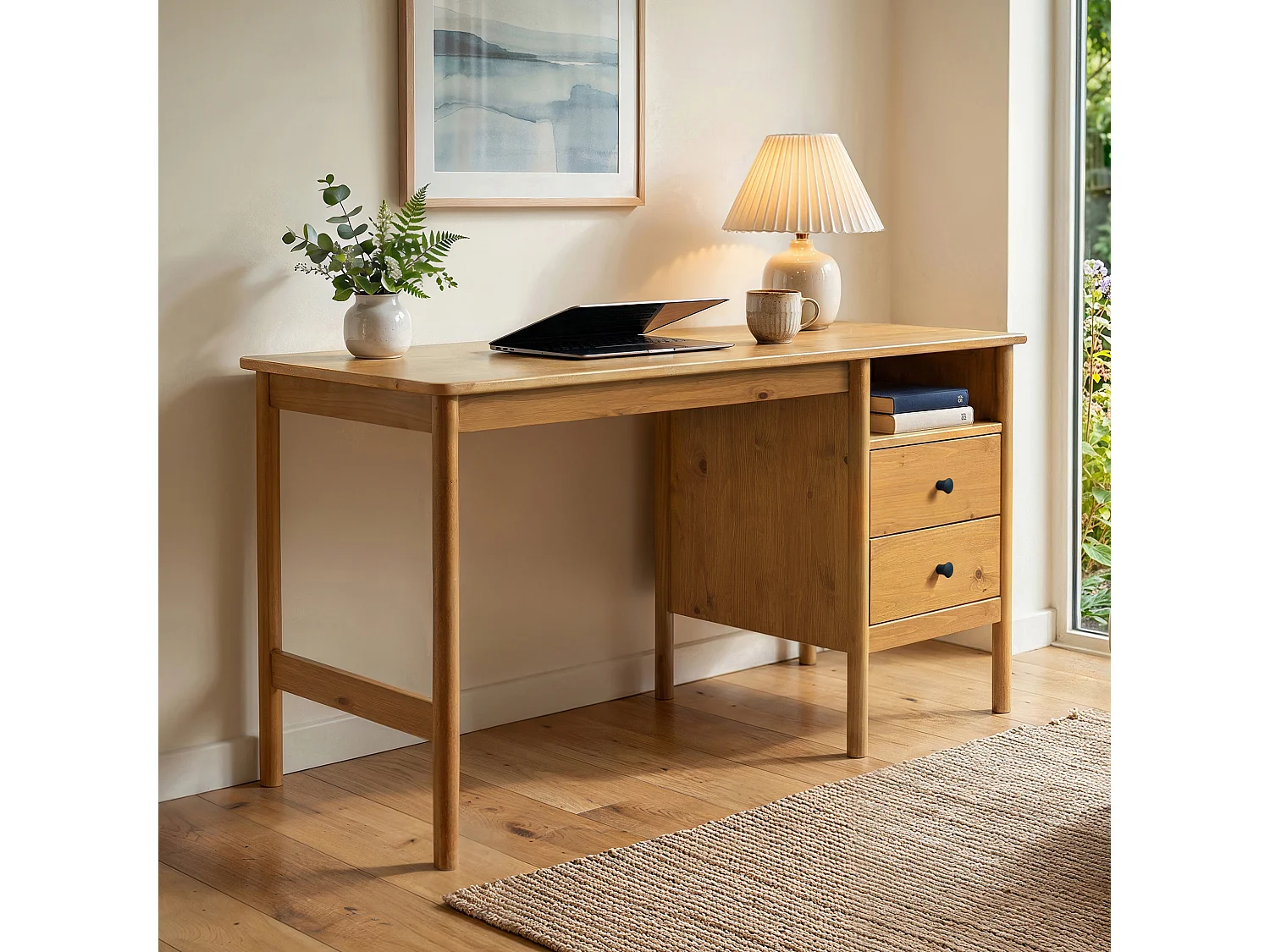 Bureau BOSSA L 150 cm en Bois Massif Coloris Chêne avec 2 Tiroirs et 1 Niche Ouverte, Bureau Droit avec Grand Plateau et Rangement