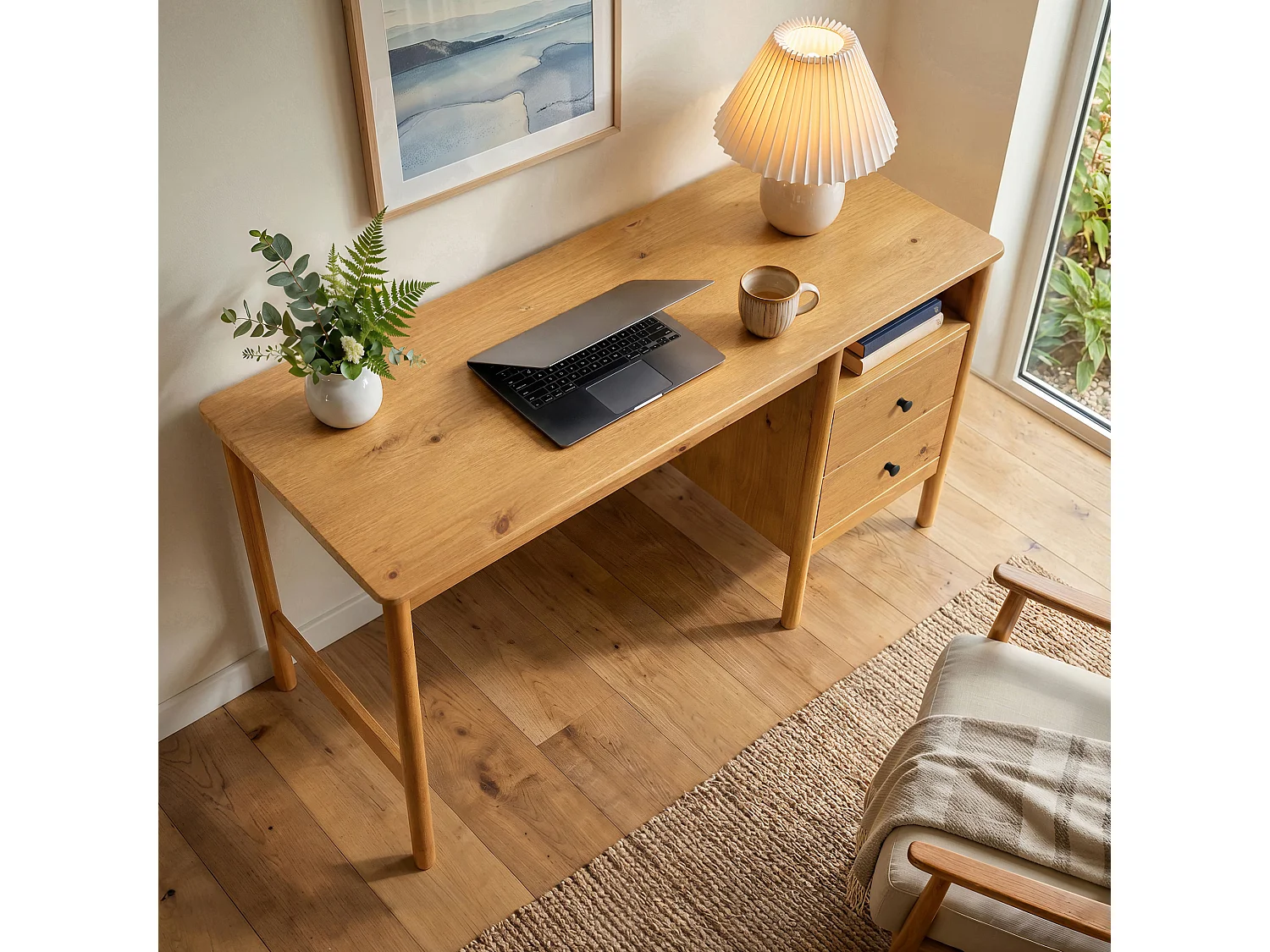 Bureau BOSSA L 150 cm en Bois Massif Coloris Chêne avec 2 Tiroirs et 1 Niche Ouverte, Bureau Droit avec Grand Plateau et Rangement