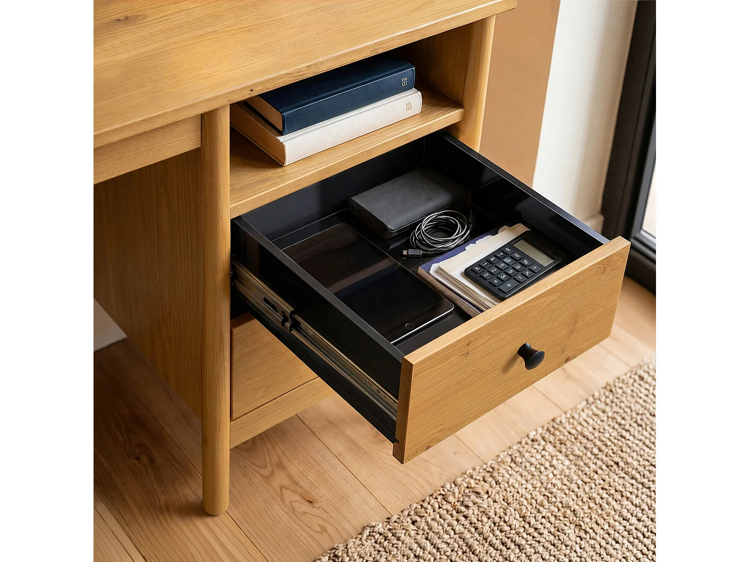 Bureau BOSSA L 150 cm en Bois Massif Coloris Chêne avec 2 Tiroirs et 1 Niche Ouverte, Bureau Droit avec Grand Plateau et Rangement