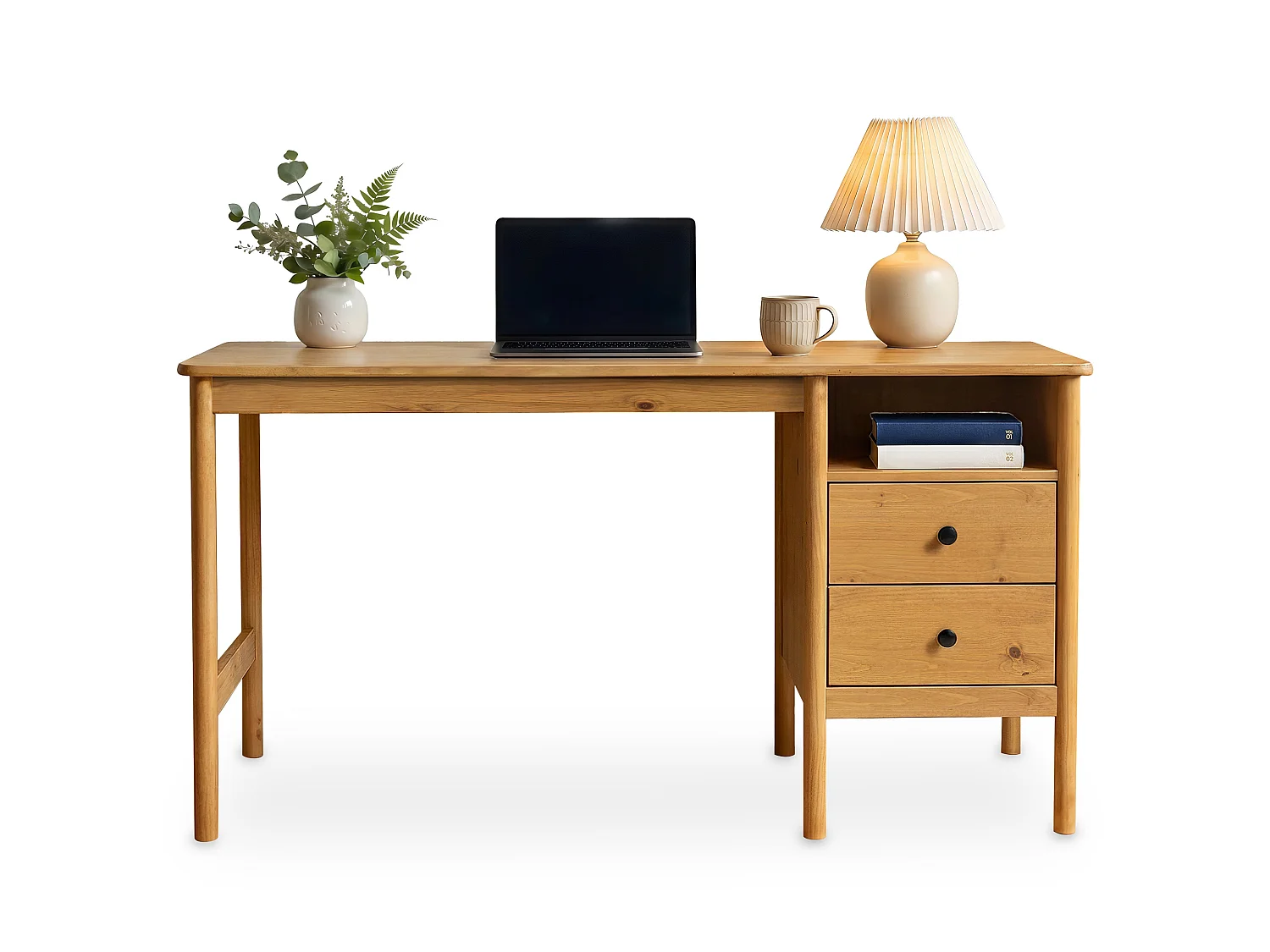 Bureau BOSSA L 150 cm en Bois Massif Coloris Chêne avec 2 Tiroirs et 1 Niche Ouverte, Bureau Droit avec Grand Plateau et Rangement