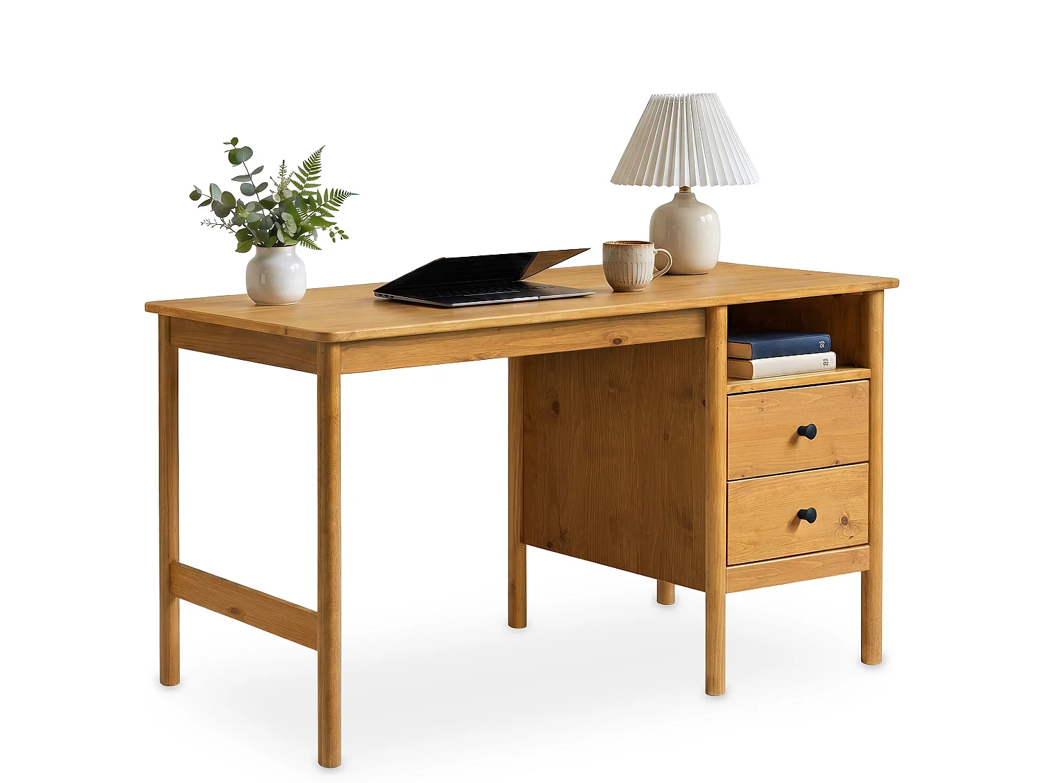 Bureau BOSSA L 150 cm en Bois Massif Coloris Chêne avec 2 Tiroirs et 1 Niche Ouverte, Bureau Droit avec Grand Plateau et Rangement