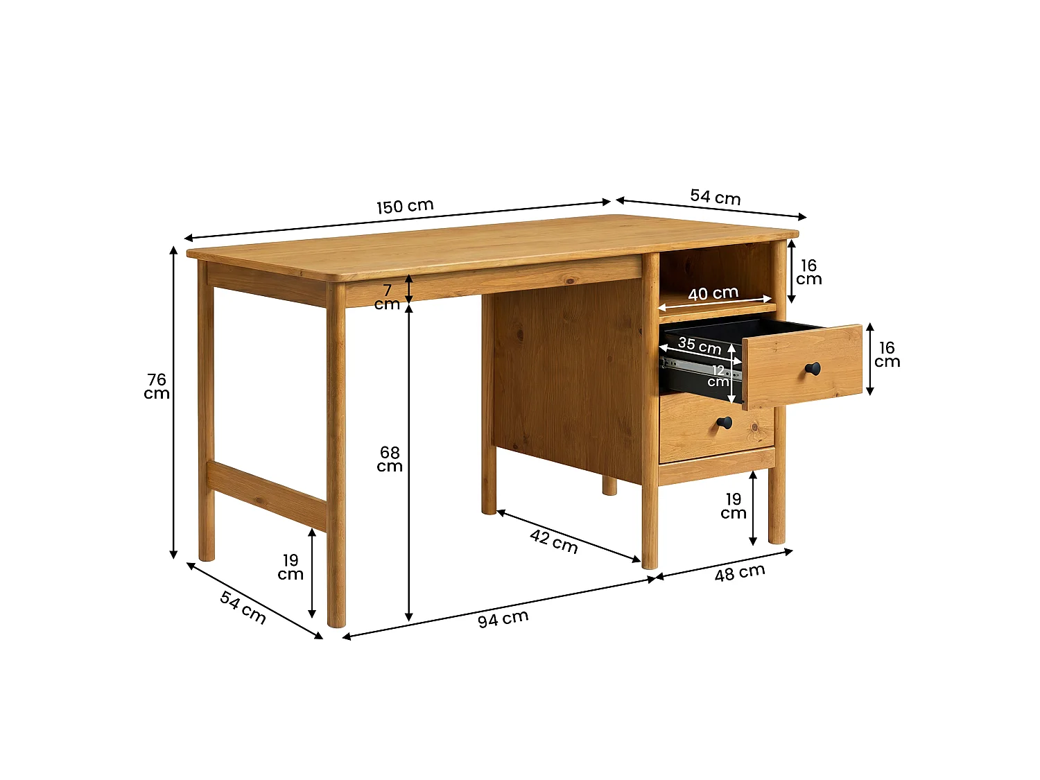 Bureau BOSSA L 150 cm en Bois Massif Coloris Chêne avec 2 Tiroirs et 1 Niche Ouverte, Bureau Droit avec Grand Plateau et Rangement