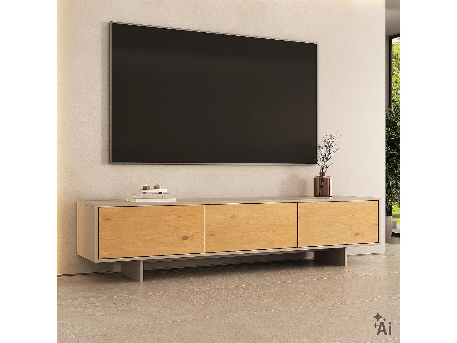 Meuble TV ARTO L 184 cm avec 3 Portes en Bois Blanc Cachemire et Chêne, Pour Téléviseur de 32 à 80 Pouces, Rangement Bas Pour Salon