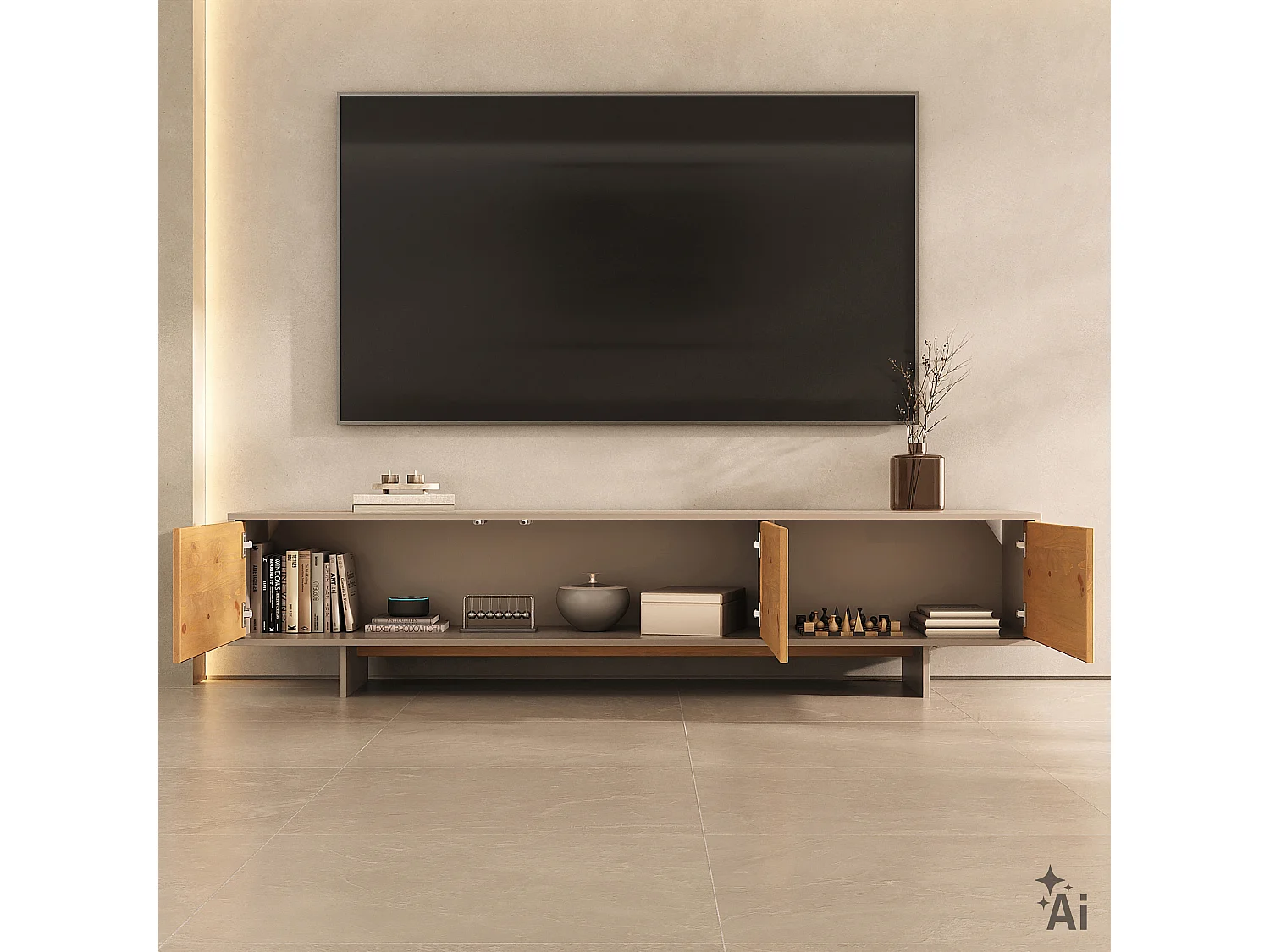 Meuble TV ARTO L 184 cm avec 3 Portes en Bois Blanc Cachemire et Chêne, Pour Téléviseur de 32 à 80 Pouces, Rangement Bas Pour Salon