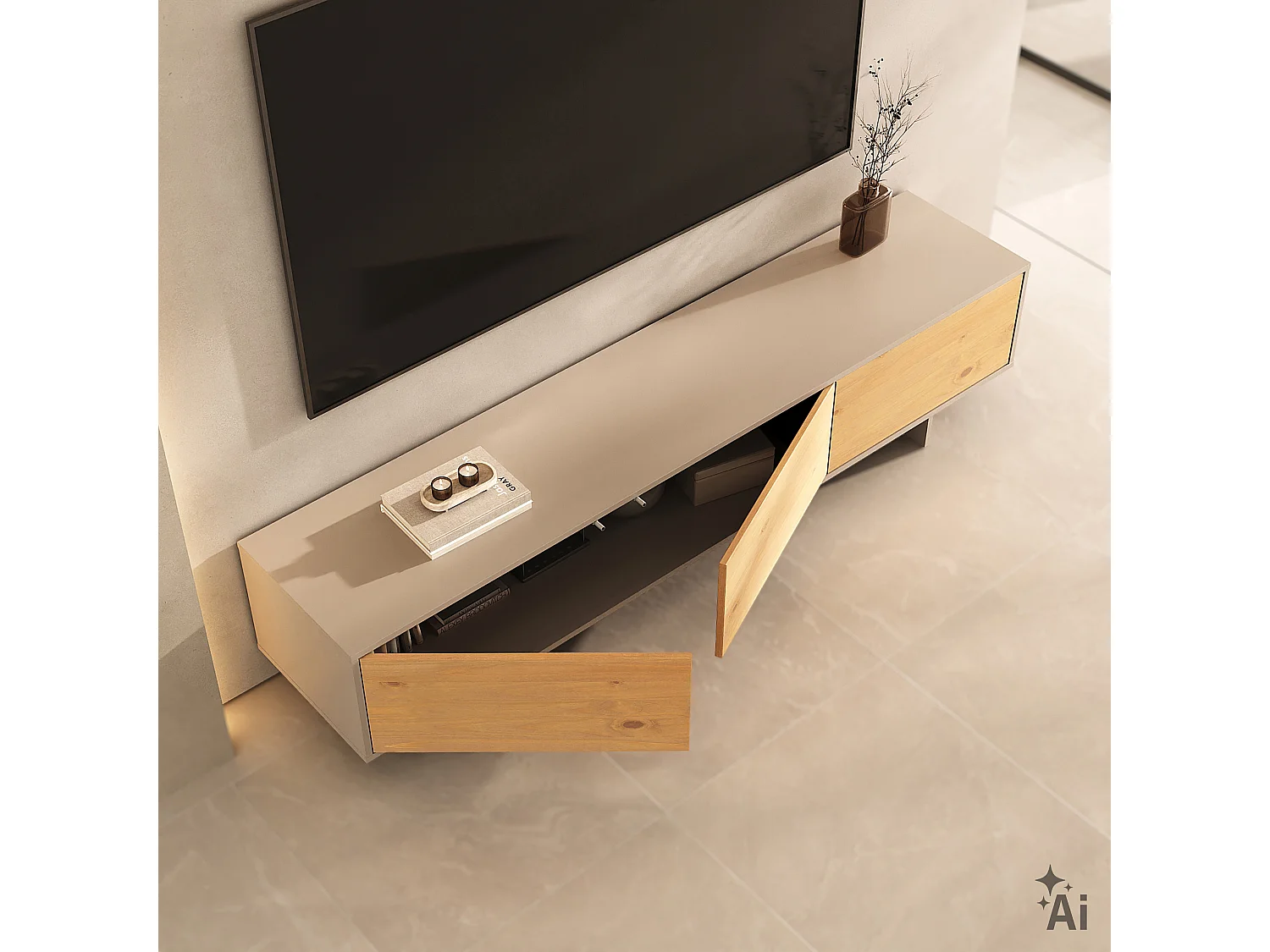 Meuble TV ARTO L 184 cm avec 3 Portes en Bois Blanc Cachemire et Chêne, Pour Téléviseur de 32 à 80 Pouces, Rangement Bas Pour Salon