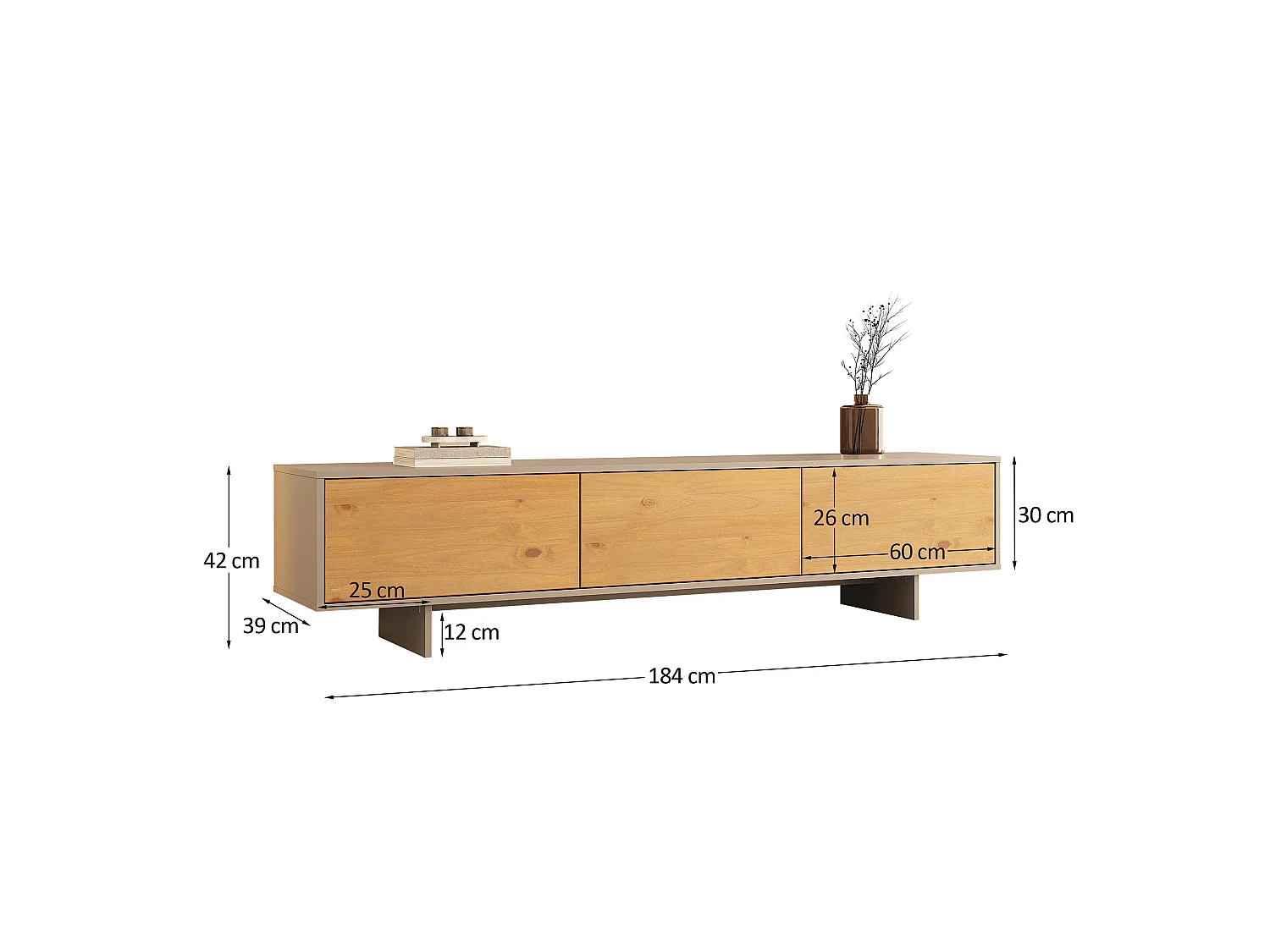 Meuble TV ARTO L 184 cm avec 3 Portes en Bois Blanc Cachemire et Chêne, Pour Téléviseur de 32 à 80 Pouces, Rangement Bas Pour Salon
