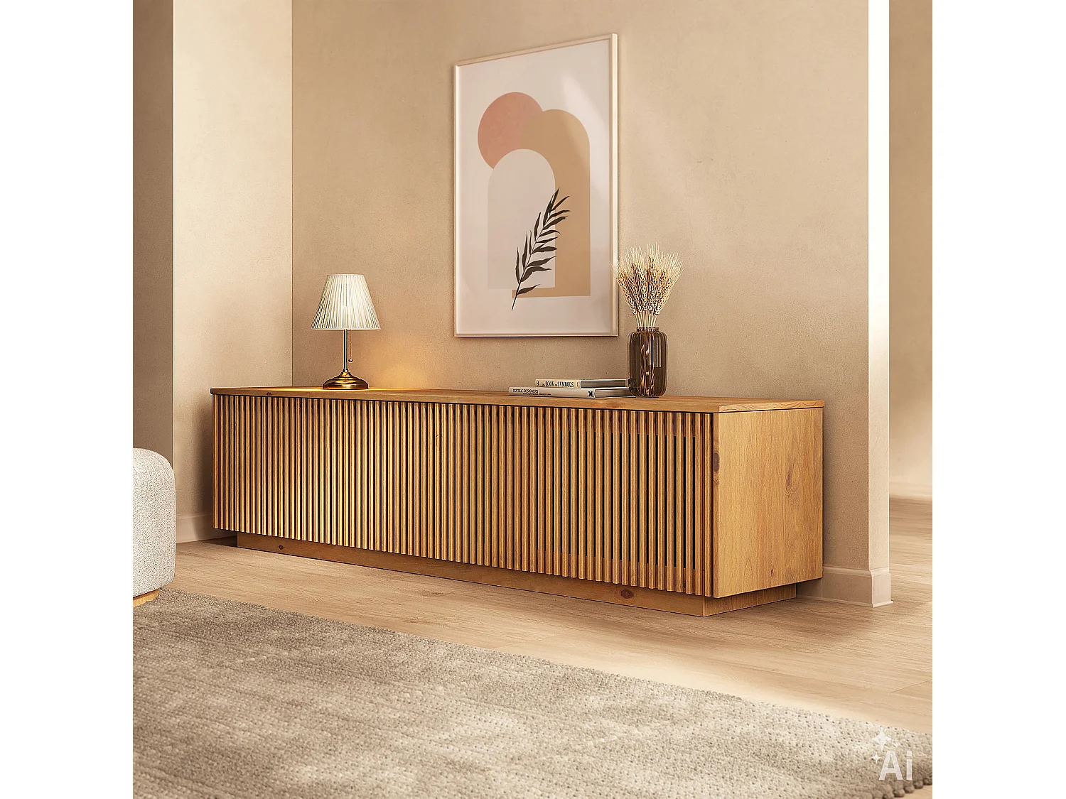 Meuble TV OLE L 175 cm avec 3 Portes en Bois Massif Coloris Chêne, Pour TV jusqu'à 190,5 m (75"), Design Moderne à Lamelles