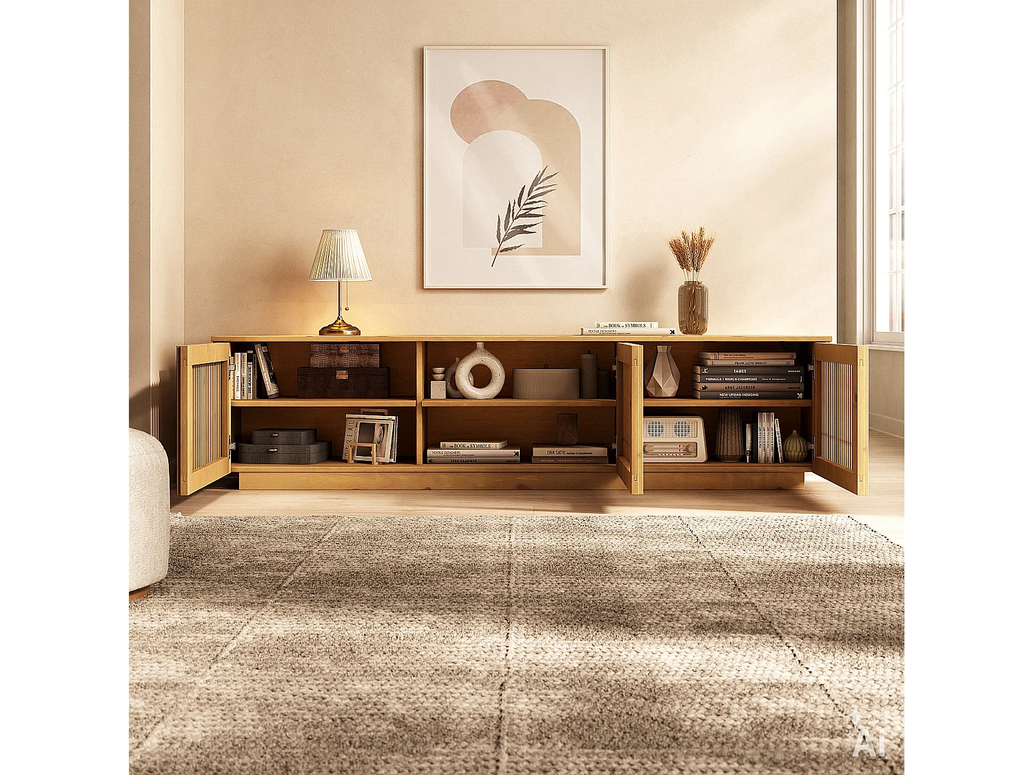 Meuble TV OLE L 175 cm avec 3 Portes en Bois Massif Coloris Chêne, Pour TV jusqu'à 190,5 m (75"), Design Moderne à Lamelles