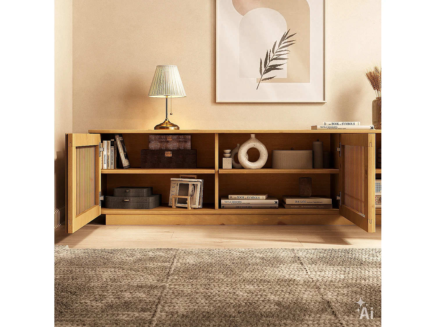Meuble TV OLE L 175 cm avec 3 Portes en Bois Massif Coloris Chêne, Pour TV jusqu'à 190,5 m (75"), Design Moderne à Lamelles