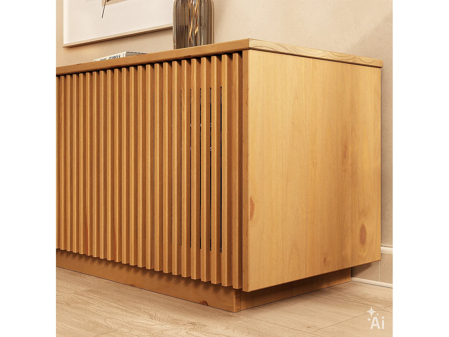 Meuble TV OLE L 175 cm avec 3 Portes en Bois Massif Coloris Chêne, Pour TV jusqu'à 190,5 m (75"), Design Moderne à Lamelles