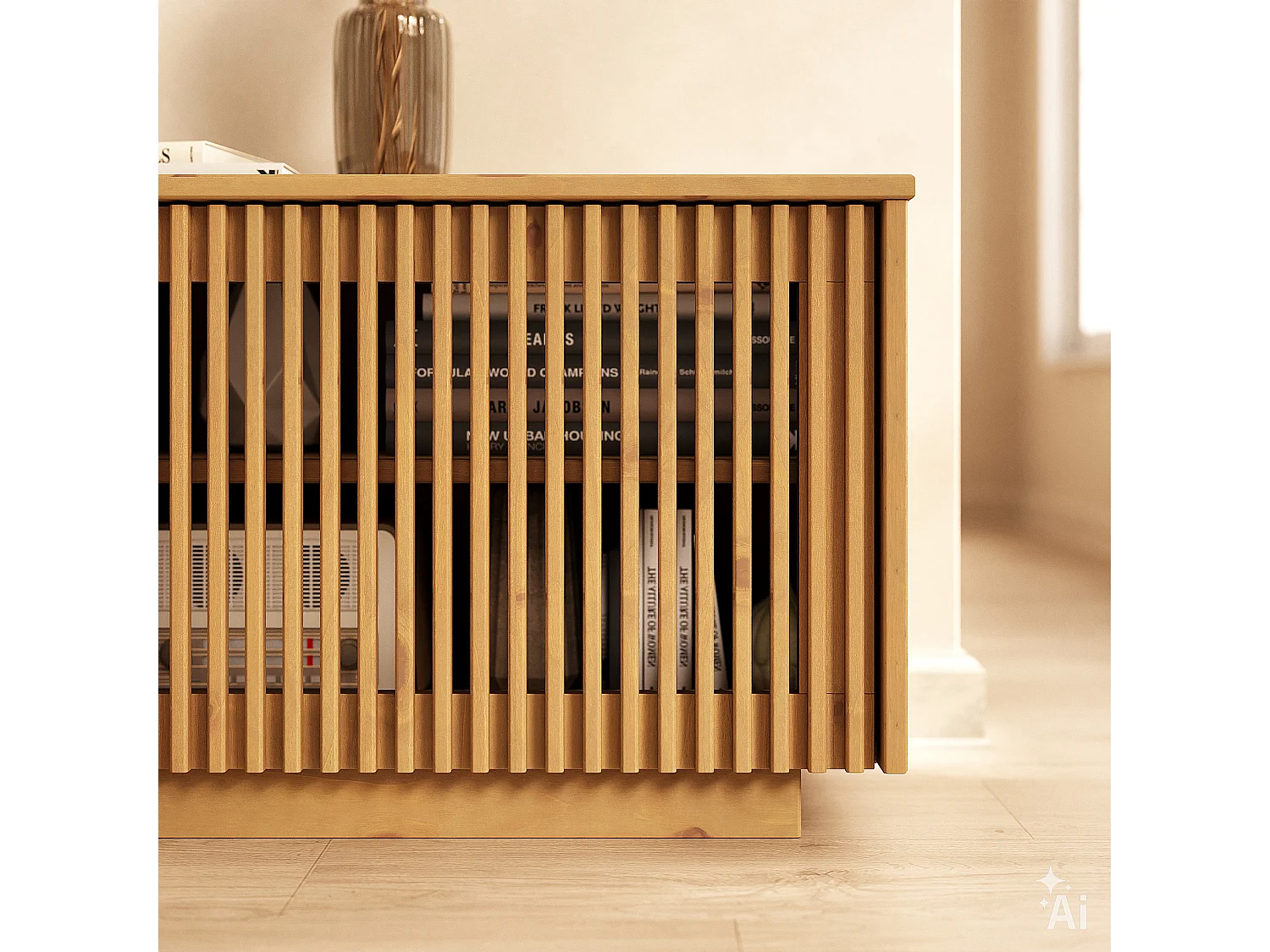 Meuble TV OLE L 175 cm avec 3 Portes en Bois Massif Coloris Chêne, Pour TV jusqu'à 190,5 m (75"), Design Moderne à Lamelles