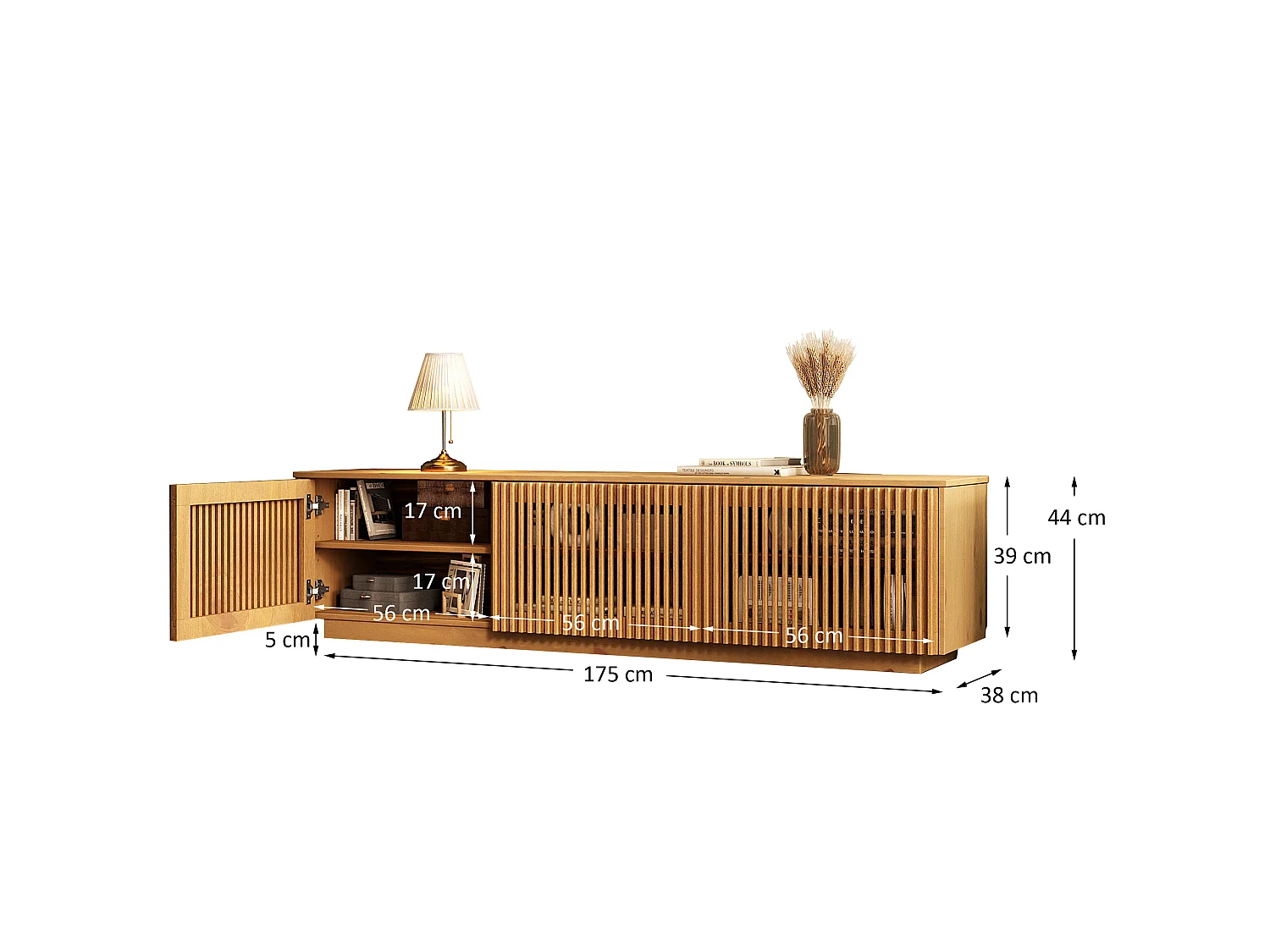 Meuble TV OLE L 175 cm avec 3 Portes en Bois Massif Coloris Chêne, Pour TV jusqu'à 190,5 m (75"), Design Moderne à Lamelles
