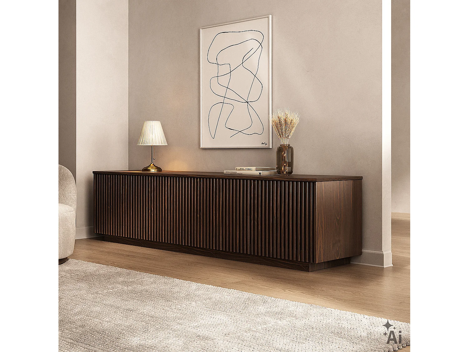 Meuble TV OLE L 175 cm avec 3 Portes en Bois Massif Coloris Noyer, Pour TV jusqu'à 190,5 m (75"), Design Moderne à Lamelles