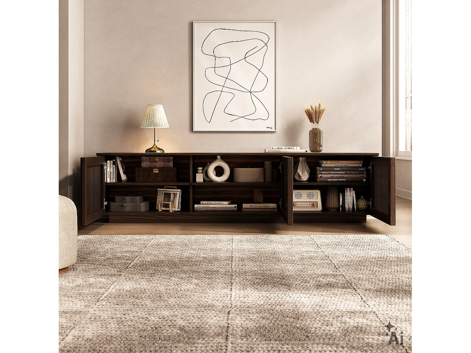 Meuble TV OLE L 175 cm avec 3 Portes en Bois Massif Coloris Noyer, Pour TV jusqu'à 190,5 m (75"), Design Moderne à Lamelles