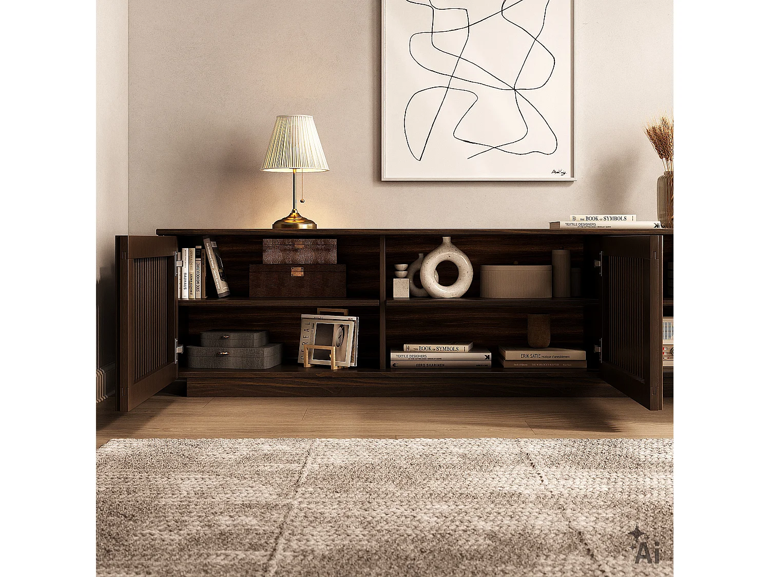 Meuble TV OLE L 175 cm avec 3 Portes en Bois Massif Coloris Noyer, Pour TV jusqu'à 190,5 m (75"), Design Moderne à Lamelles