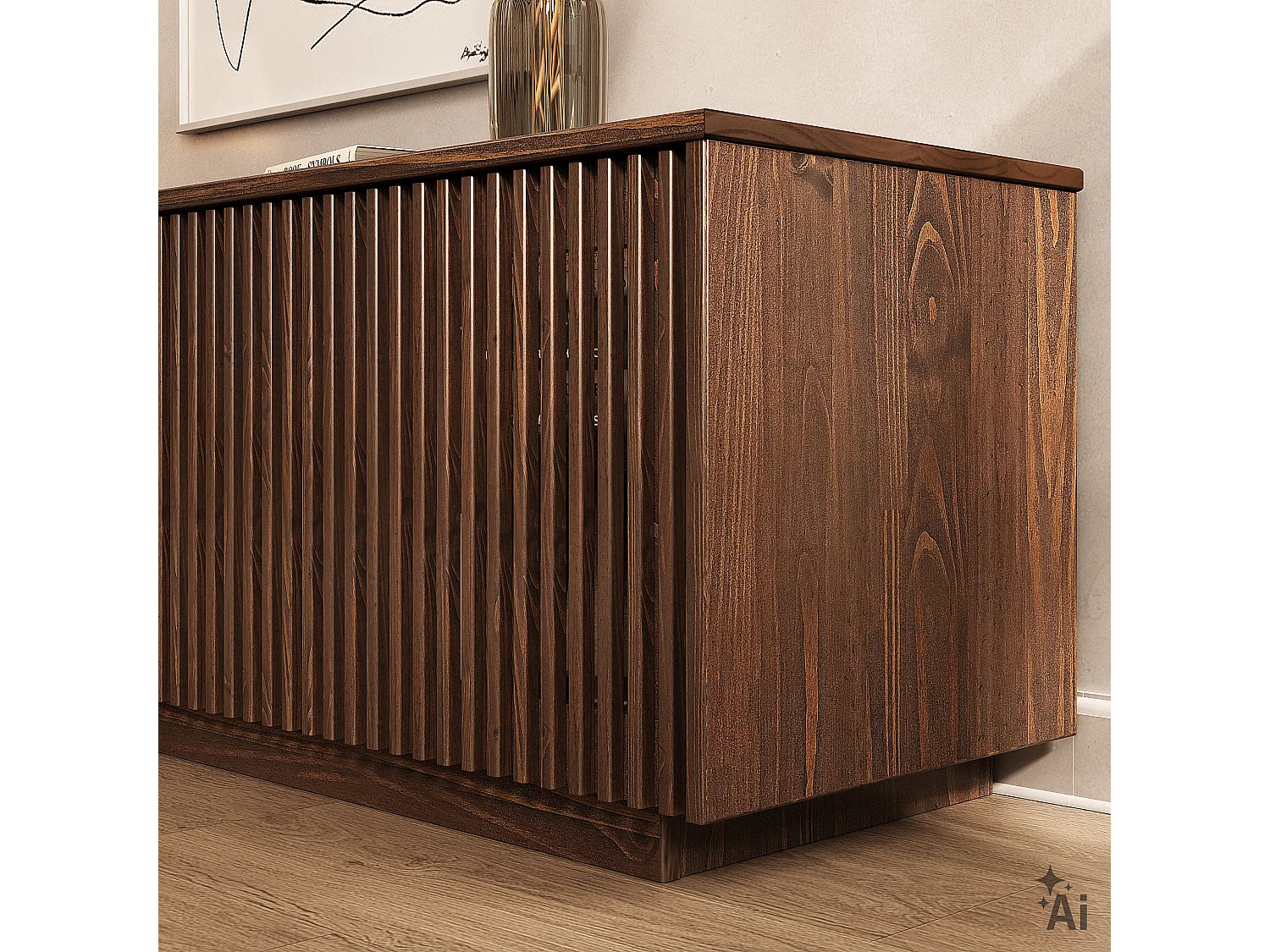 Meuble TV OLE L 175 cm avec 3 Portes en Bois Massif Coloris Noyer, Pour TV jusqu'à 190,5 m (75"), Design Moderne à Lamelles
