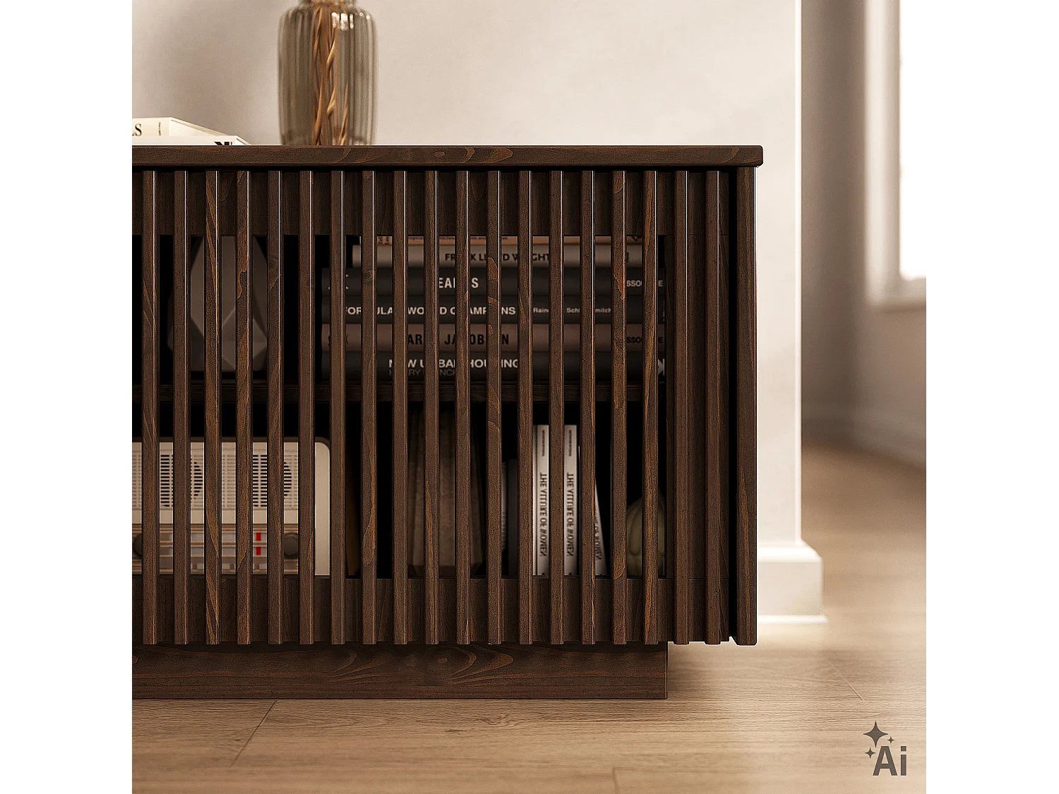 Meuble TV OLE L 175 cm avec 3 Portes en Bois Massif Coloris Noyer, Pour TV jusqu'à 190,5 m (75"), Design Moderne à Lamelles