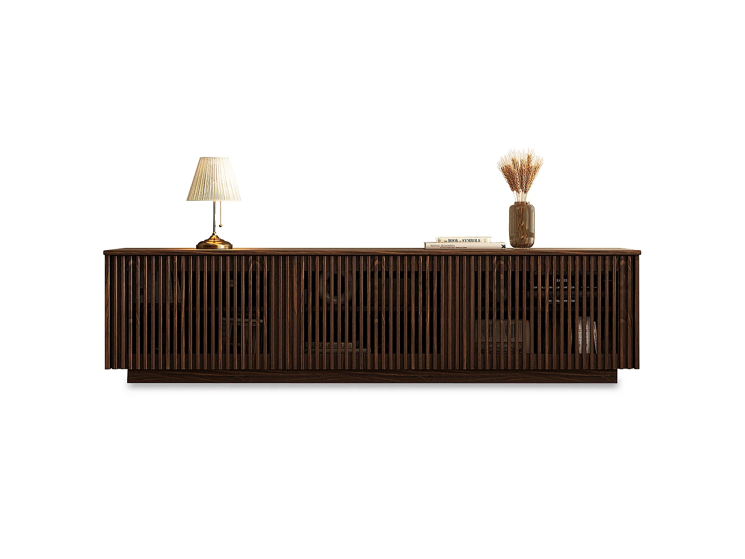 Meuble TV OLE L 175 cm avec 3 Portes en Bois Massif Coloris Noyer, Pour TV jusqu'à 190,5 m (75"), Design Moderne à Lamelles