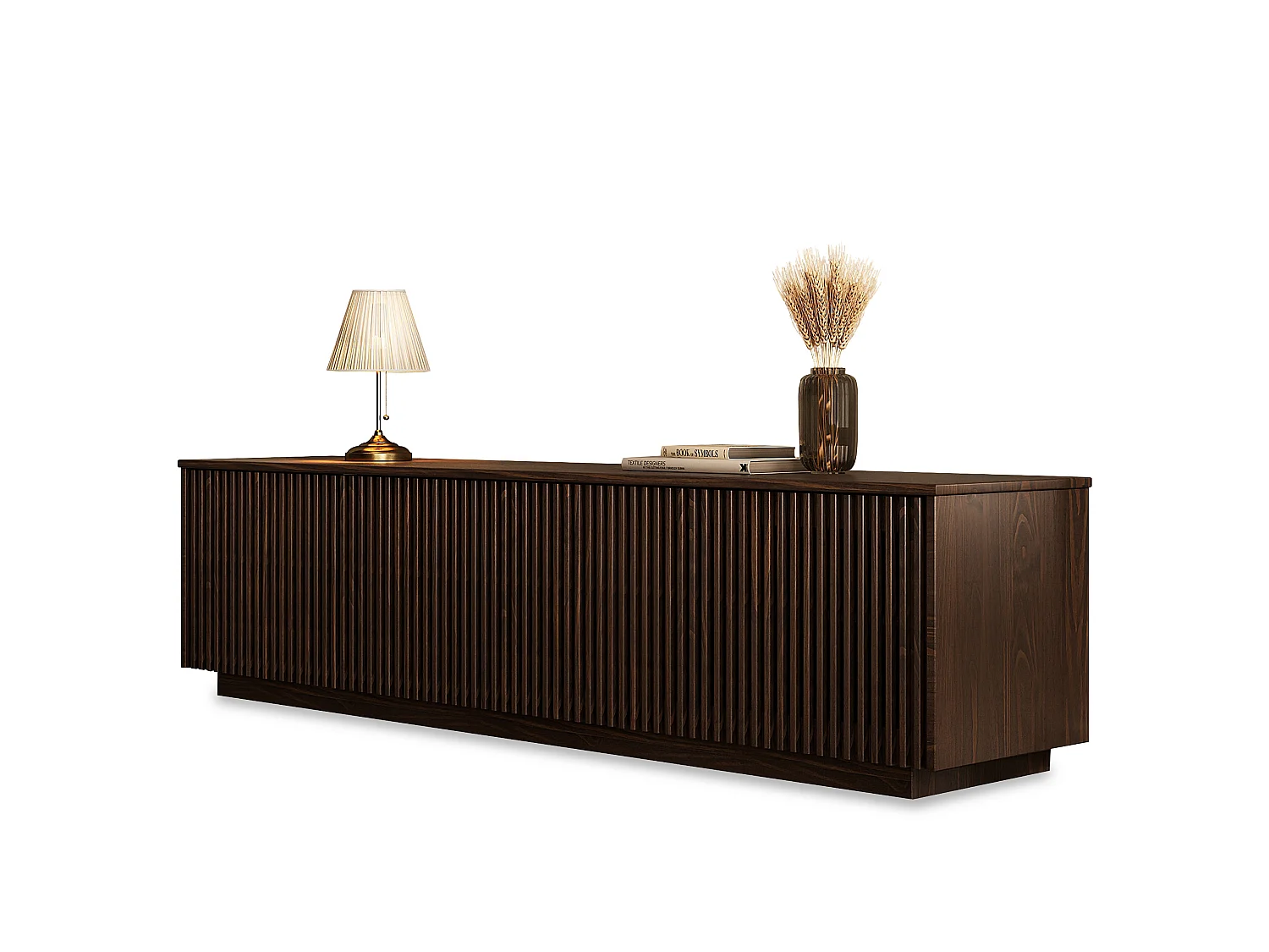 Meuble TV OLE L 175 cm avec 3 Portes en Bois Massif Coloris Noyer, Pour TV jusqu'à 190,5 m (75"), Design Moderne à Lamelles