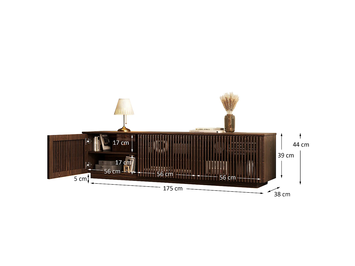 Meuble TV OLE L 175 cm avec 3 Portes en Bois Massif Coloris Noyer, Pour TV jusqu'à 190,5 m (75"), Design Moderne à Lamelles