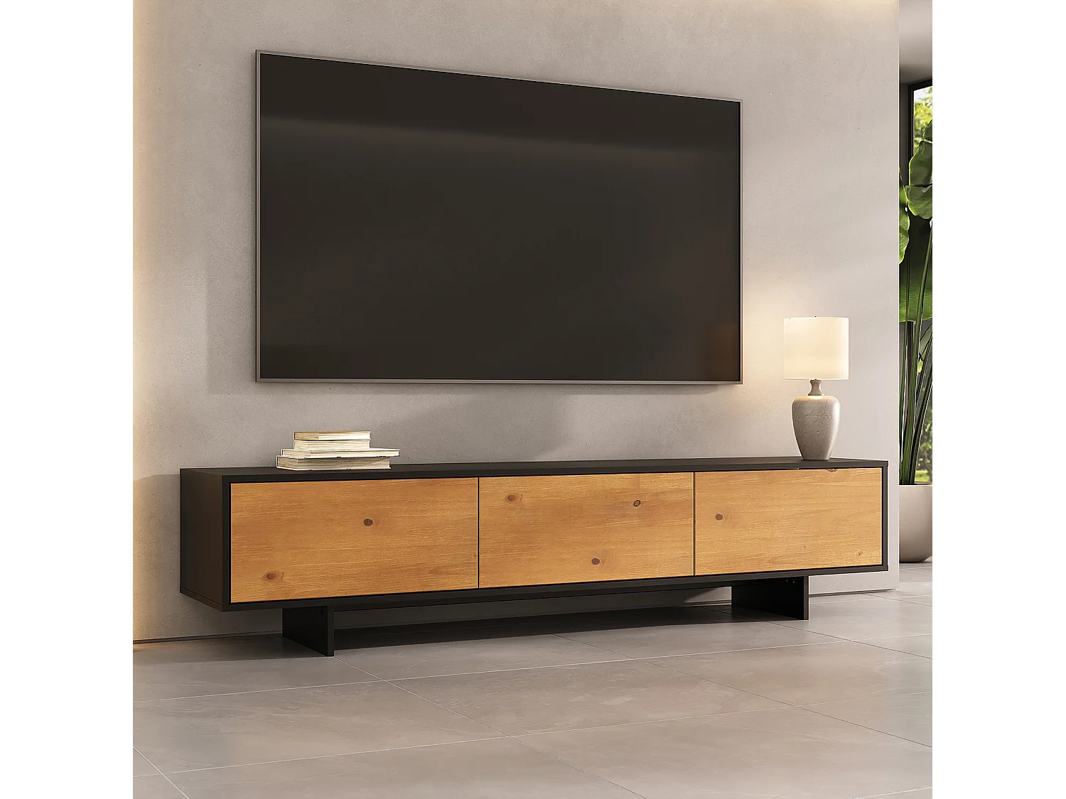 Meuble TV ARTO L 184 cm avec 3 Portes en Bois Couleur Noir et Chêne, Pour Téléviseur de 32 à 80 Pouces, Rangement Bas Pour Salon