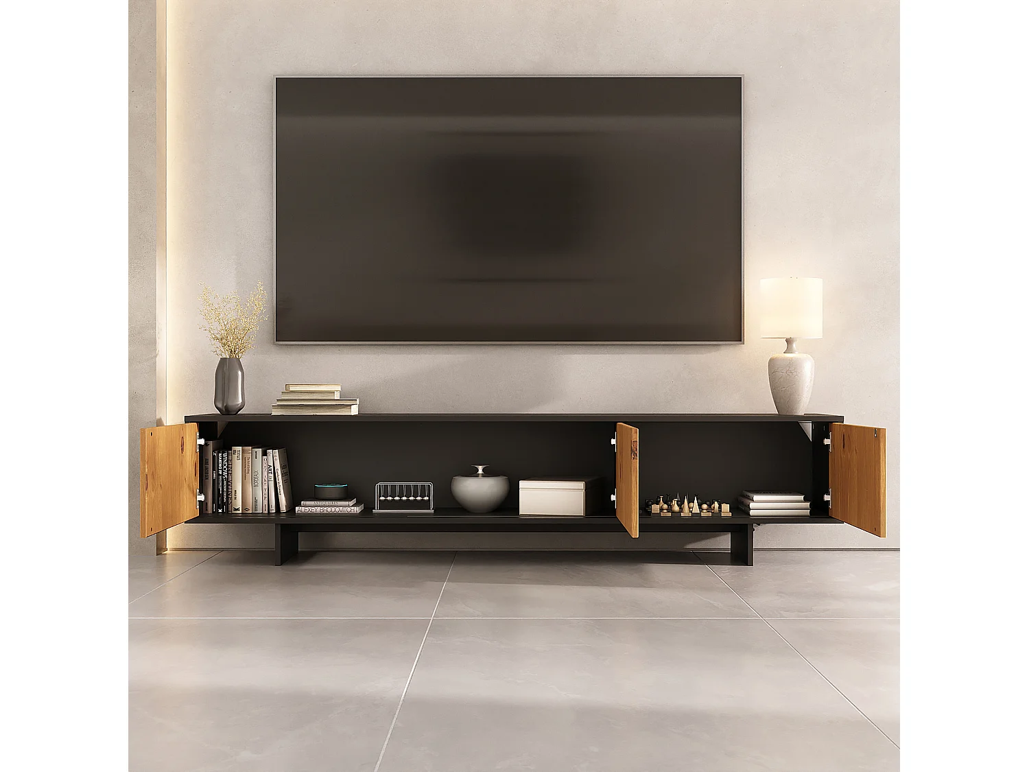 Meuble TV ARTO L 184 cm avec 3 Portes en Bois Couleur Noir et Chêne, Pour Téléviseur de 32 à 80 Pouces, Rangement Bas Pour Salon