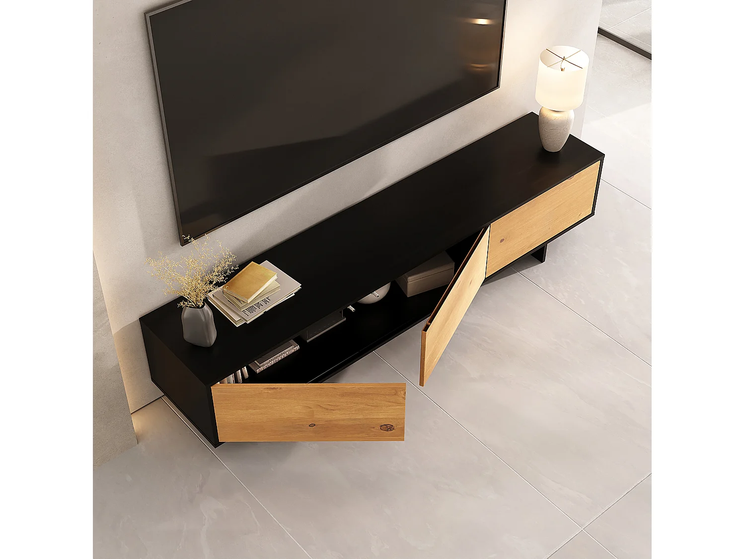 Meuble TV ARTO L 184 cm avec 3 Portes en Bois Couleur Noir et Chêne, Pour Téléviseur de 32 à 80 Pouces, Rangement Bas Pour Salon