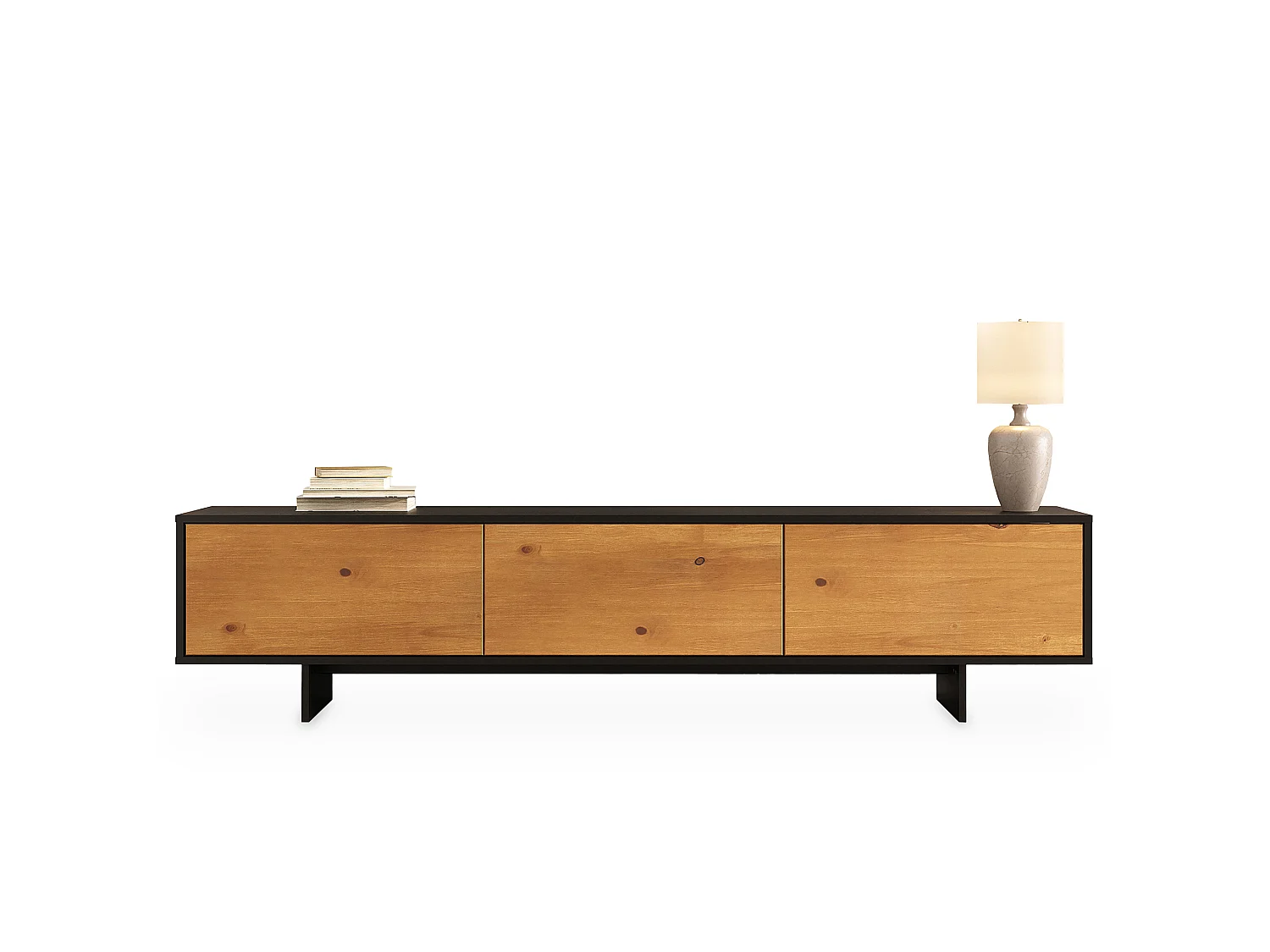 Meuble TV ARTO L 184 cm avec 3 Portes en Bois Couleur Noir et Chêne, Pour Téléviseur de 32 à 80 Pouces, Rangement Bas Pour Salon