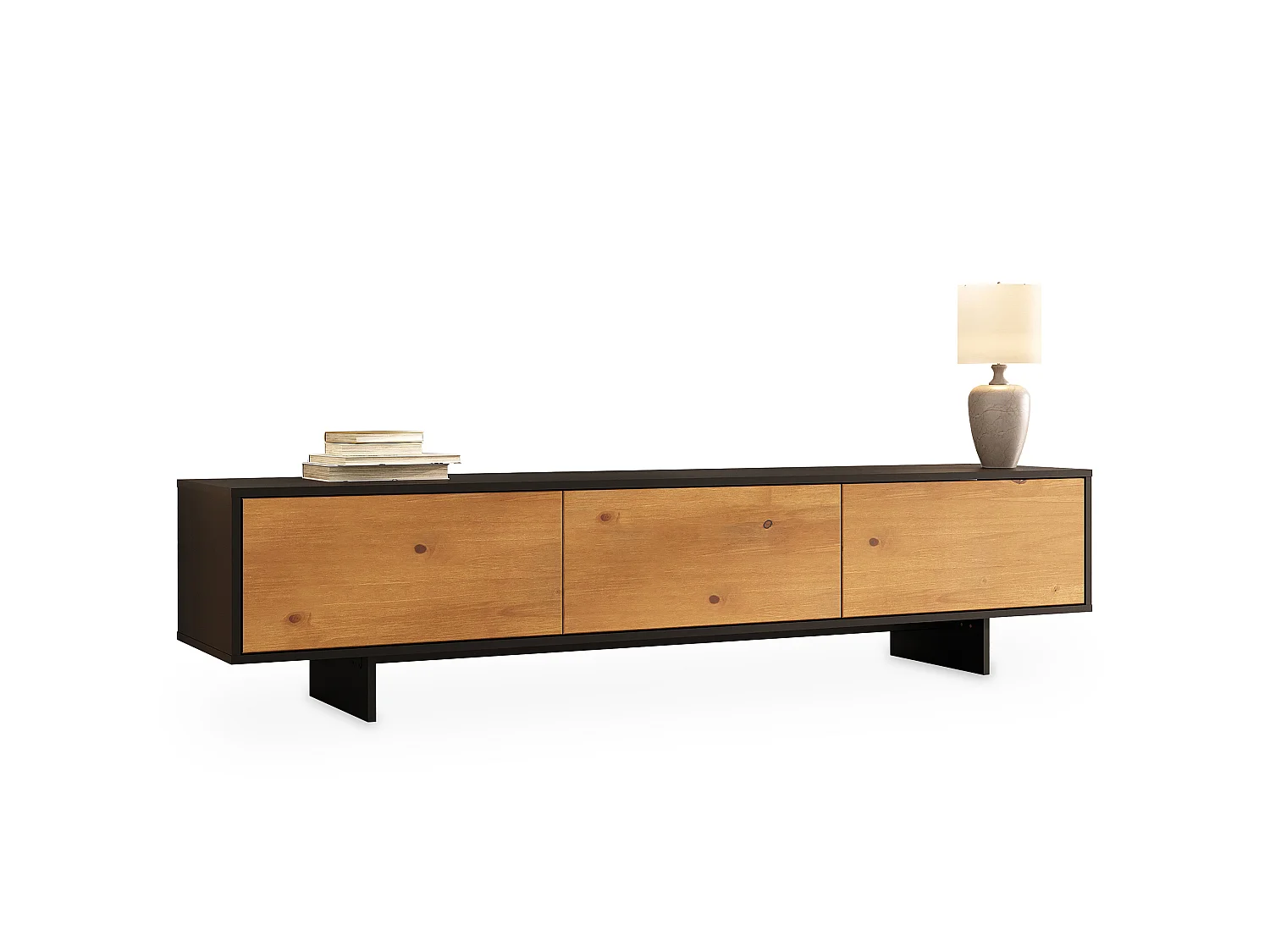 Meuble TV ARTO L 184 cm avec 3 Portes en Bois Couleur Noir et Chêne, Pour Téléviseur de 32 à 80 Pouces, Rangement Bas Pour Salon