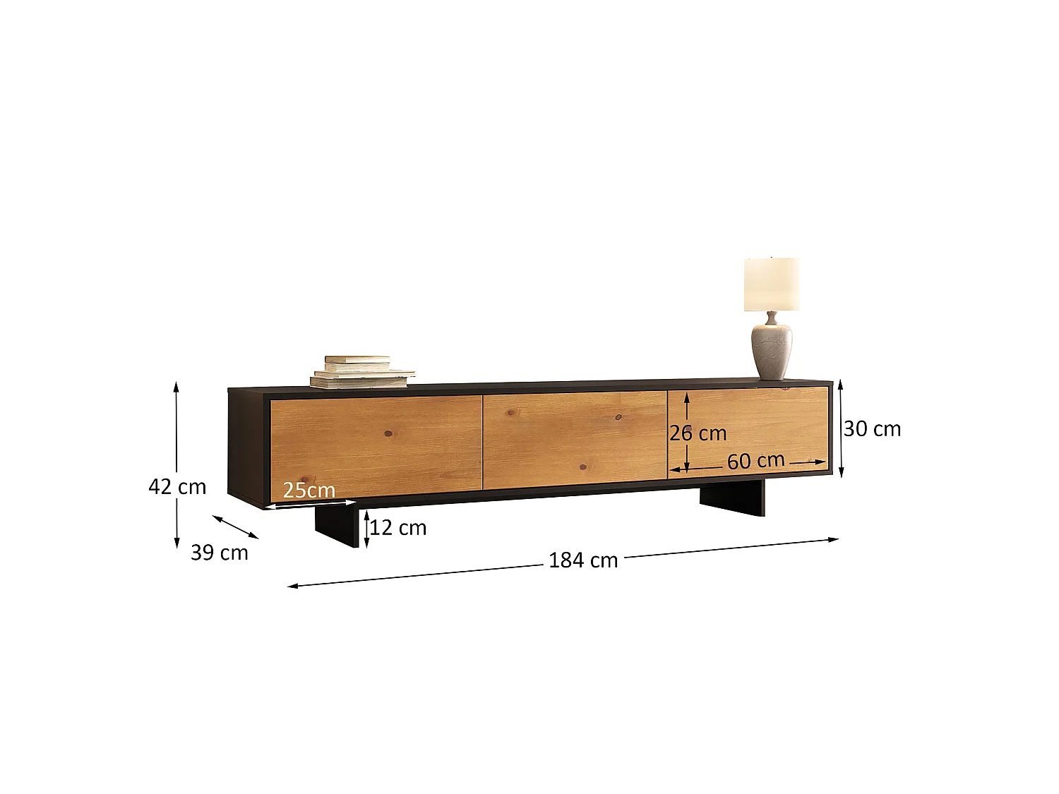 Meuble TV ARTO L 184 cm avec 3 Portes en Bois Couleur Noir et Chêne, Pour Téléviseur de 32 à 80 Pouces, Rangement Bas Pour Salon