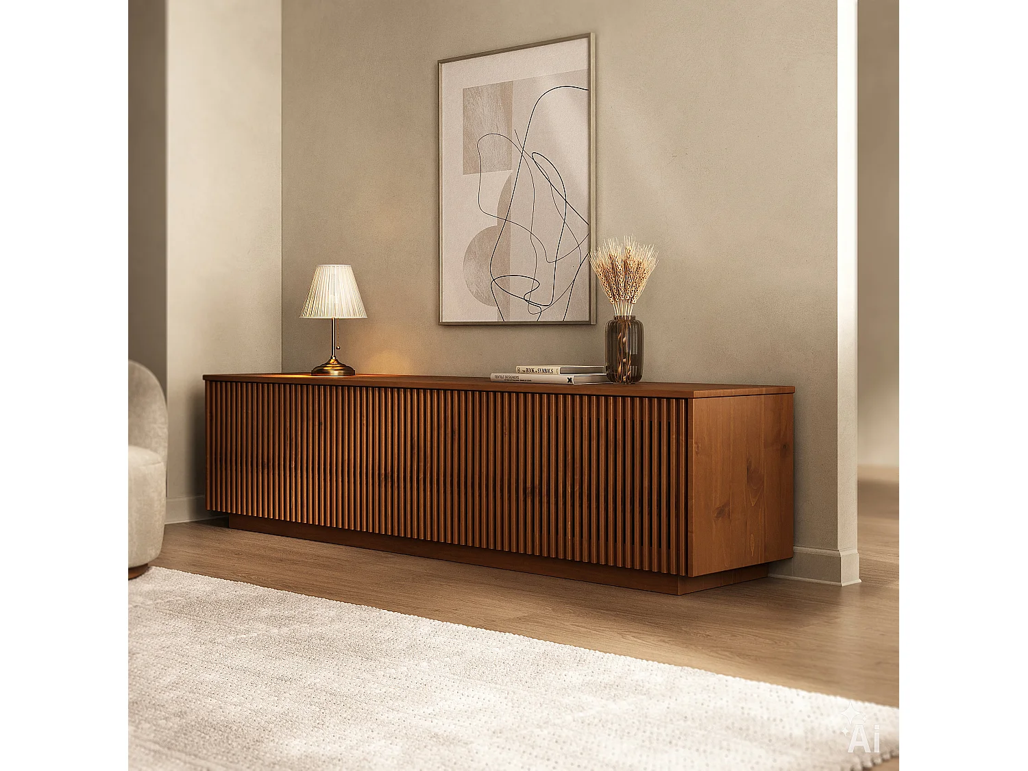 Meuble TV OLE L 175 cm avec 3 Portes en Bois Massif Coloris Châtaignier, Pour TV jusqu'à 190,5 m (75"), Design Moderne à Lamelles