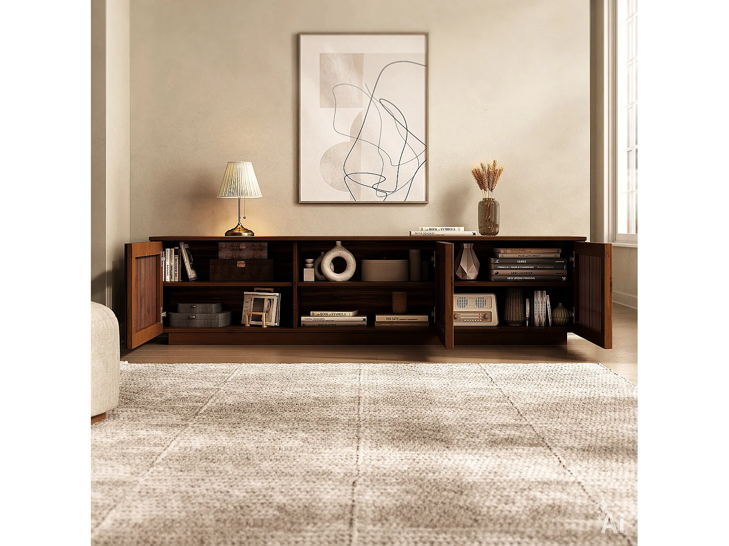 Meuble TV OLE L 175 cm avec 3 Portes en Bois Massif Coloris Châtaignier, Pour TV jusqu'à 190,5 m (75"), Design Moderne à Lamelles