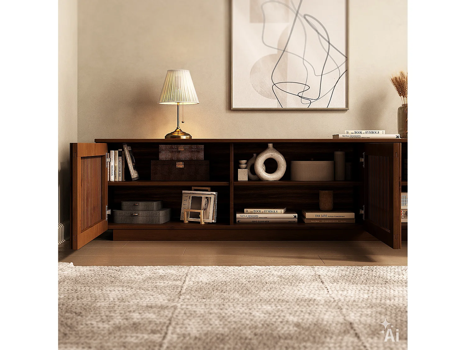 Meuble TV OLE L 175 cm avec 3 Portes en Bois Massif Coloris Châtaignier, Pour TV jusqu'à 190,5 m (75"), Design Moderne à Lamelles