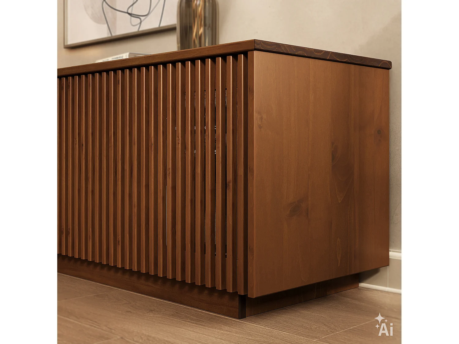 Meuble TV OLE L 175 cm avec 3 Portes en Bois Massif Coloris Châtaignier, Pour TV jusqu'à 190,5 m (75"), Design Moderne à Lamelles
