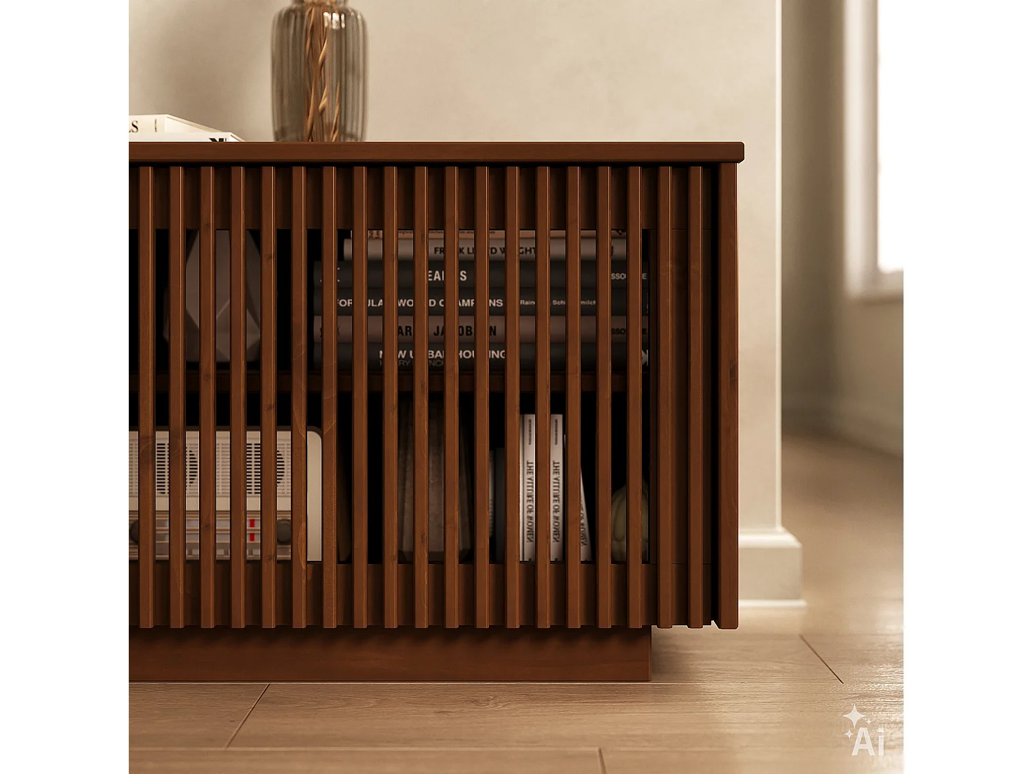 Meuble TV OLE L 175 cm avec 3 Portes en Bois Massif Coloris Châtaignier, Pour TV jusqu'à 190,5 m (75"), Design Moderne à Lamelles