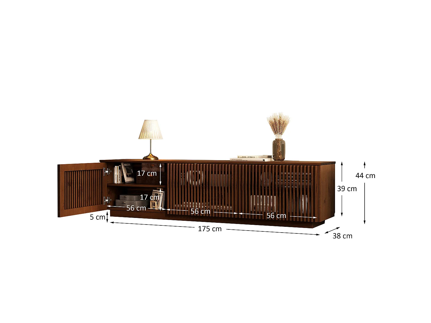 Meuble TV OLE L 175 cm avec 3 Portes en Bois Massif Coloris Châtaignier, Pour TV jusqu'à 190,5 m (75"), Design Moderne à Lamelles