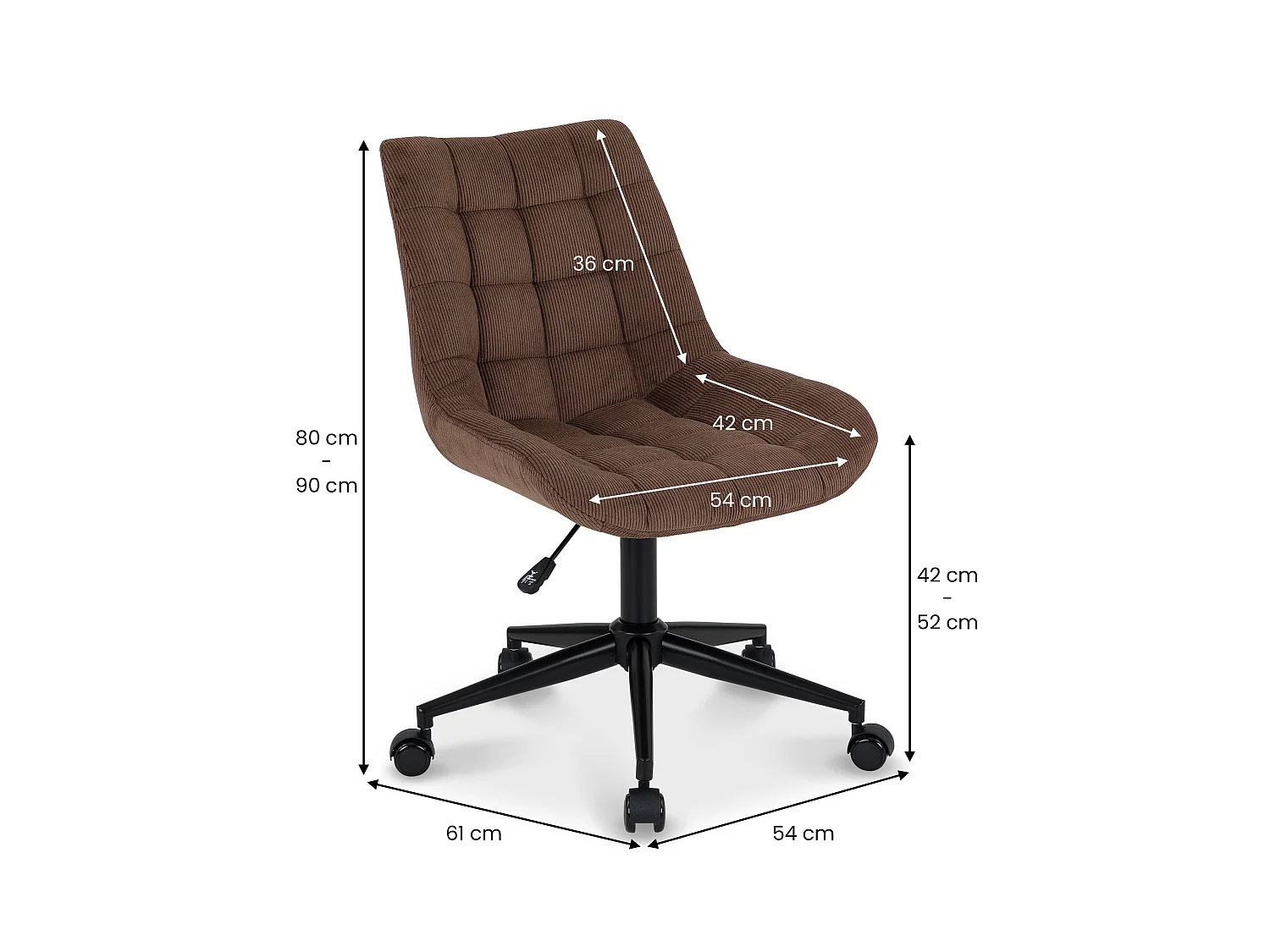 Chaise de bureau VASILO fauteuil en velours côtelé brun avec piétement en métal laqué noir
