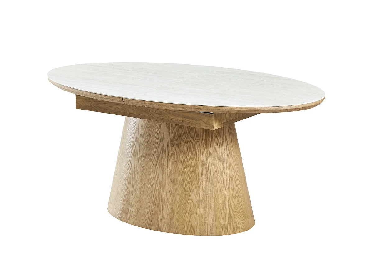 Table à manger extensible ovale en chêne clair et céramique effet Travertin 6 à 8 personnes 170/220 cm - Ora