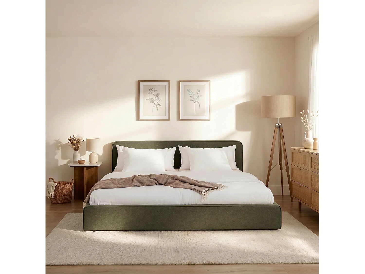 Lit Double LATINI 160x200, en Tissu Vert, Lit Queen Size 2 Personnes avec Sommier à Lattes Inclus, Tête Réglable en Hauteur